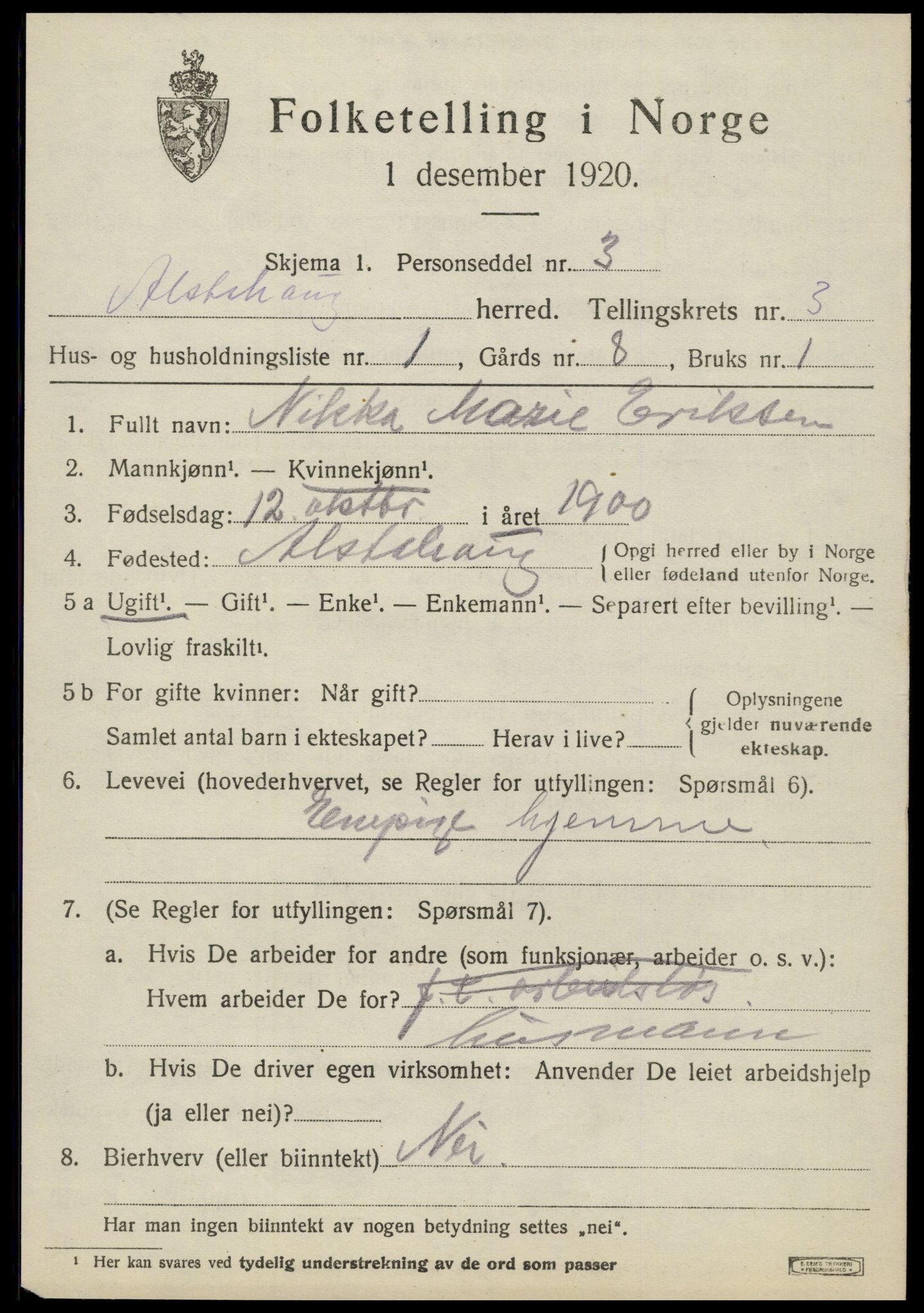 SAT, 1920 census for Alstahaug, 1920, p. 1245