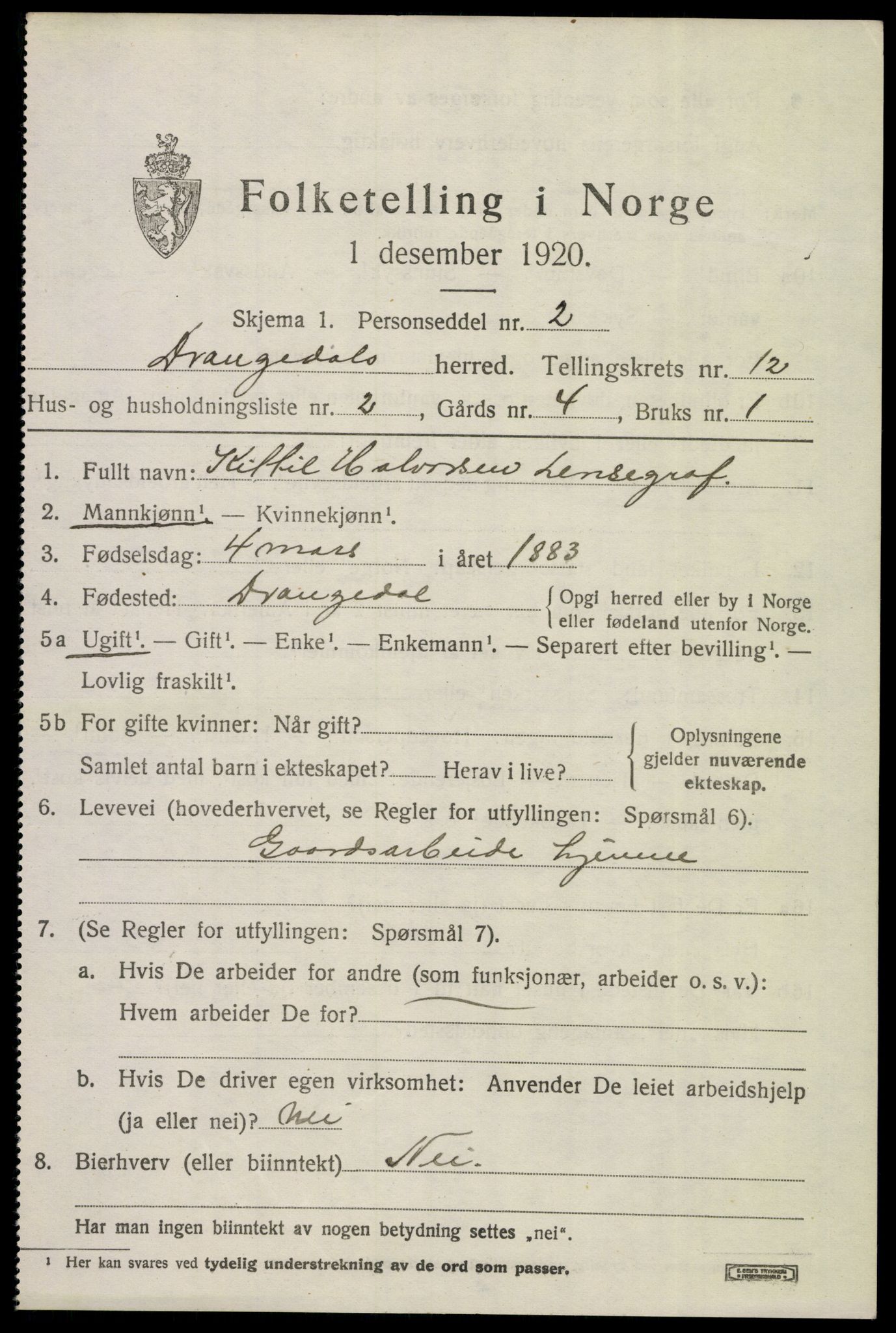 SAKO, 1920 census for Drangedal, 1920, p. 6777