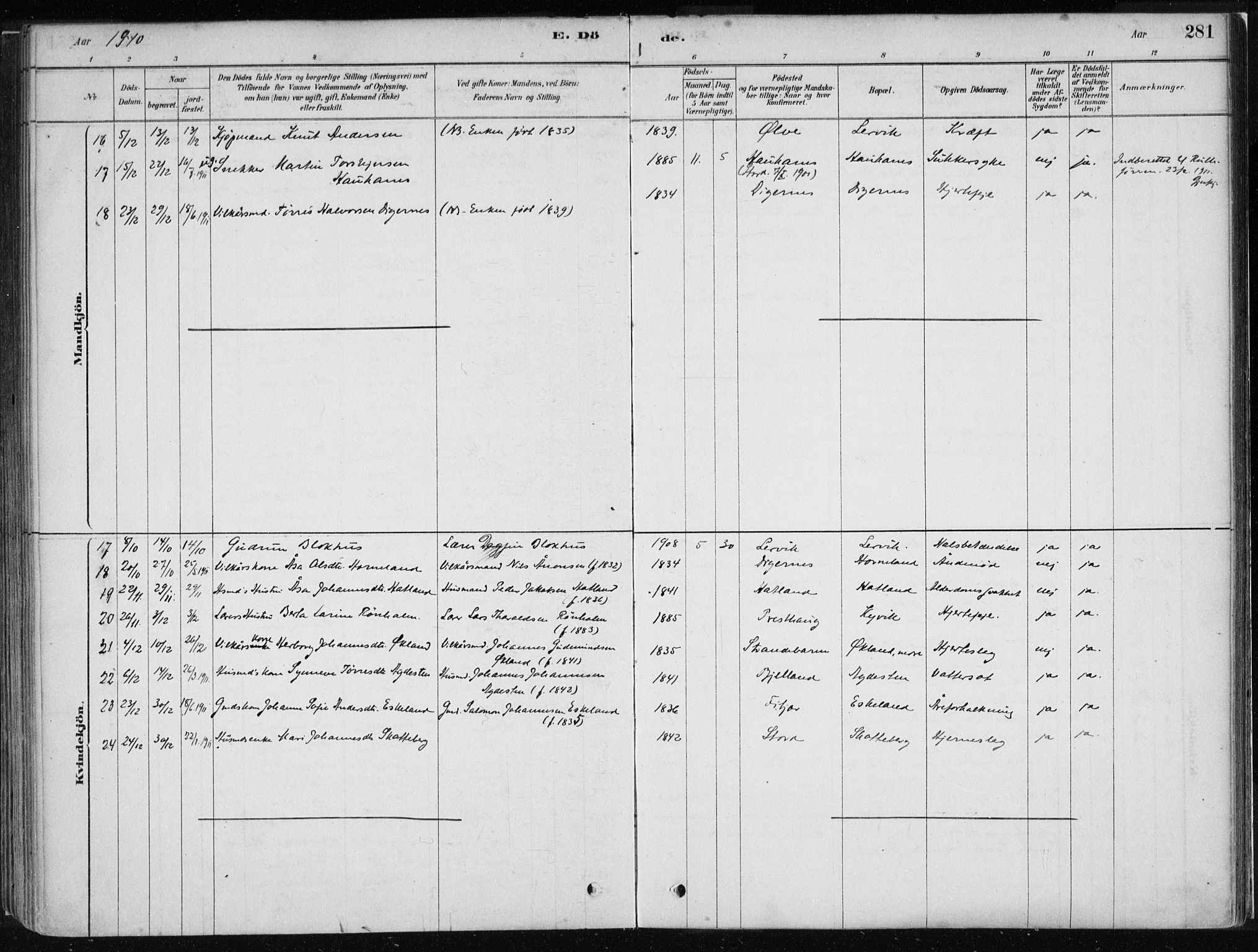 Stord sokneprestembete, AV/SAB-A-78201/H/Haa: Parish register (official) no. B 2, 1878-1913, p. 281