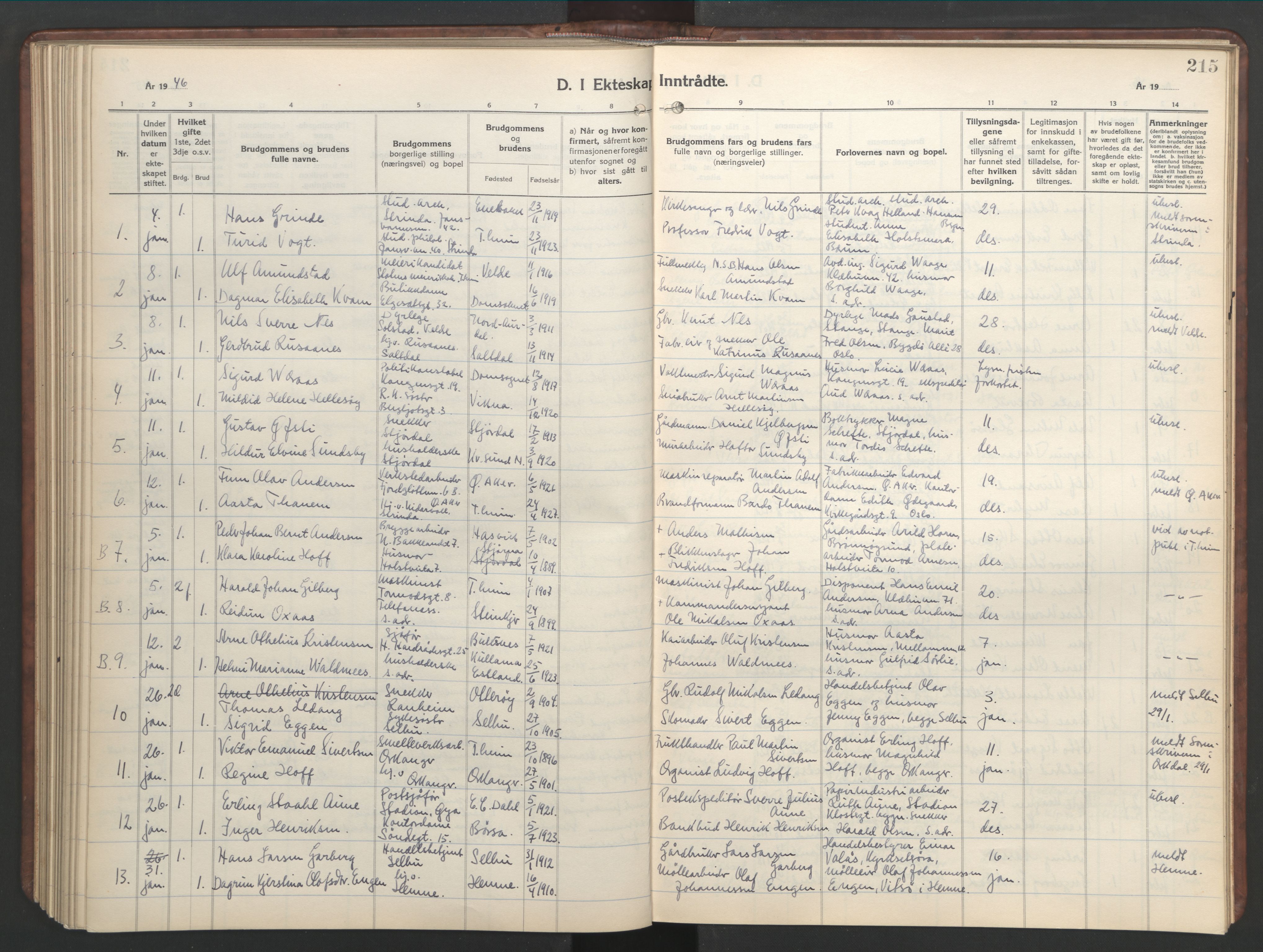 Ministerialprotokoller, klokkerbøker og fødselsregistre - Sør-Trøndelag, SAT/A-1456/601/L0101: Parish register (copy) no. 601C19, 1935-1946, p. 215