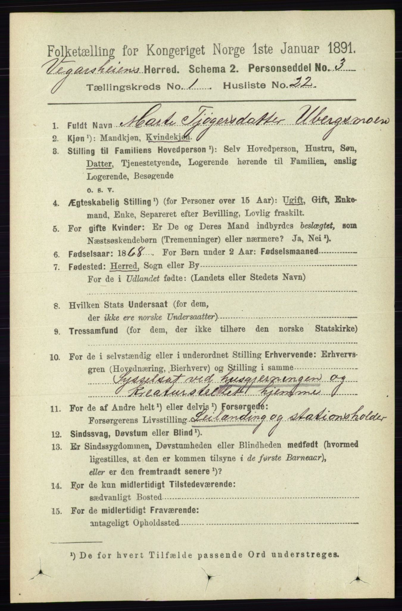 RA, 1891 census for 0912 Vegårshei, 1891, p. 236
