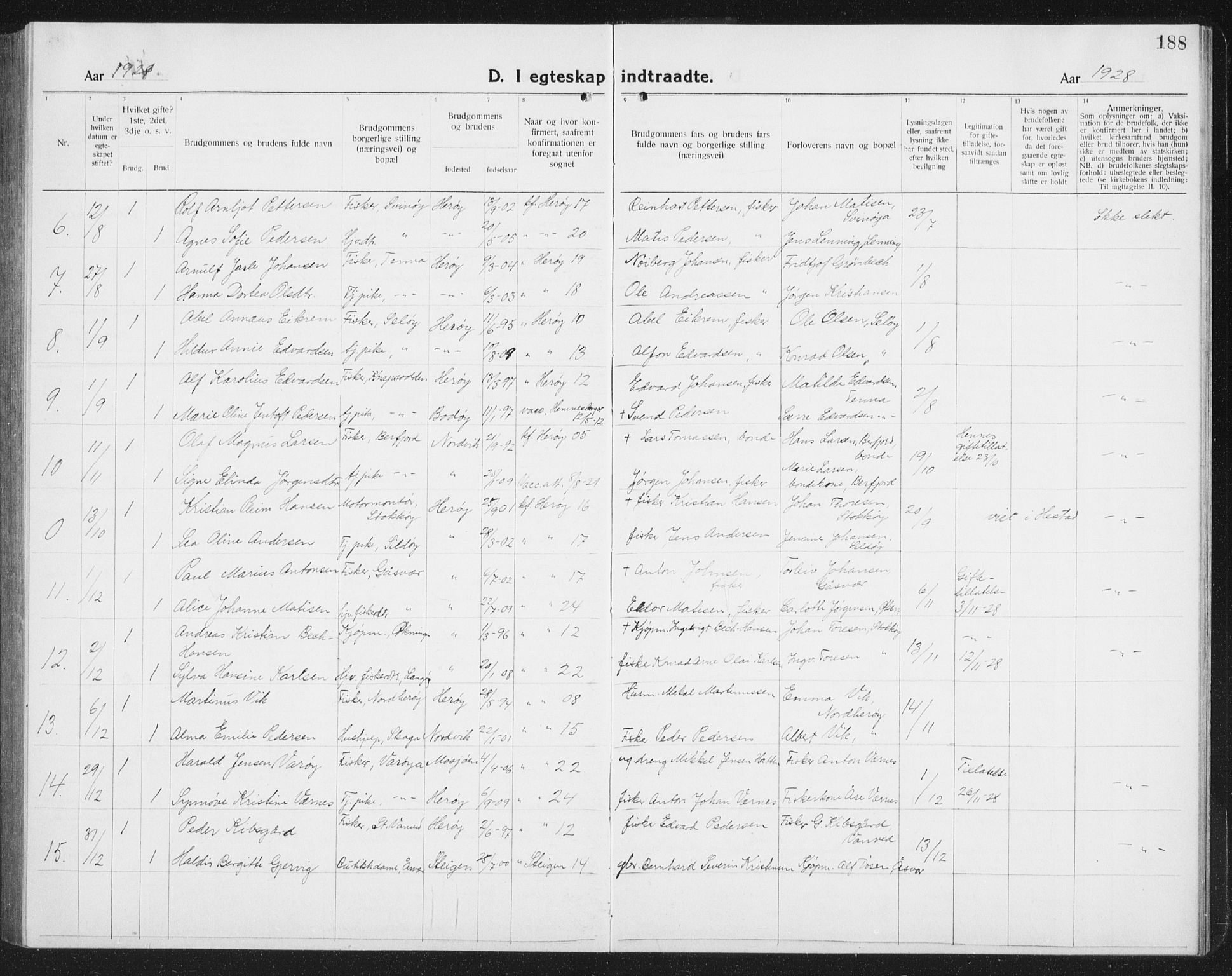 Ministerialprotokoller, klokkerbøker og fødselsregistre - Nordland, SAT/A-1459/834/L0517: Parish register (copy) no. 834C07, 1919-1939, p. 188