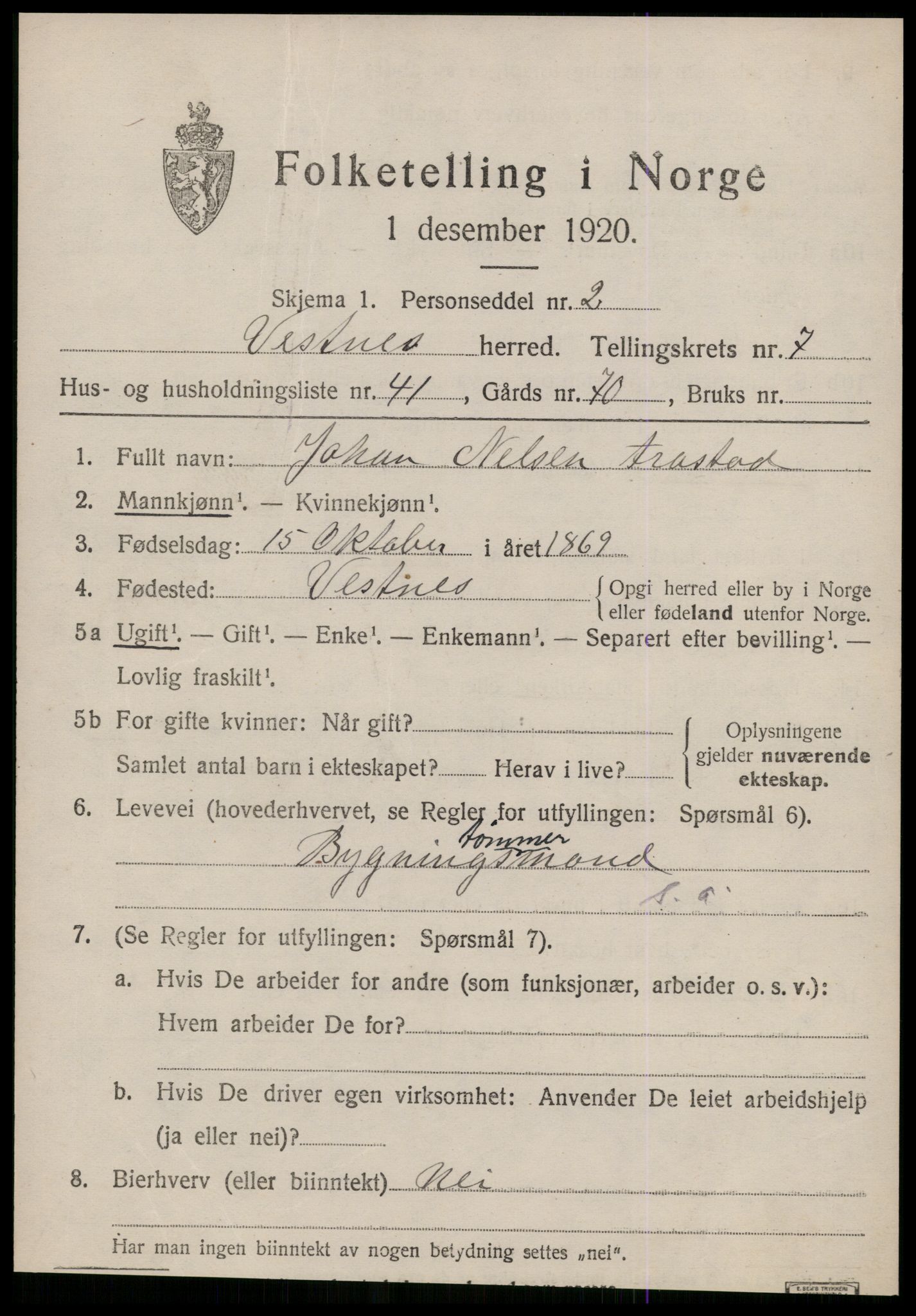 SAT, 1920 census for Vestnes, 1920, p. 5571