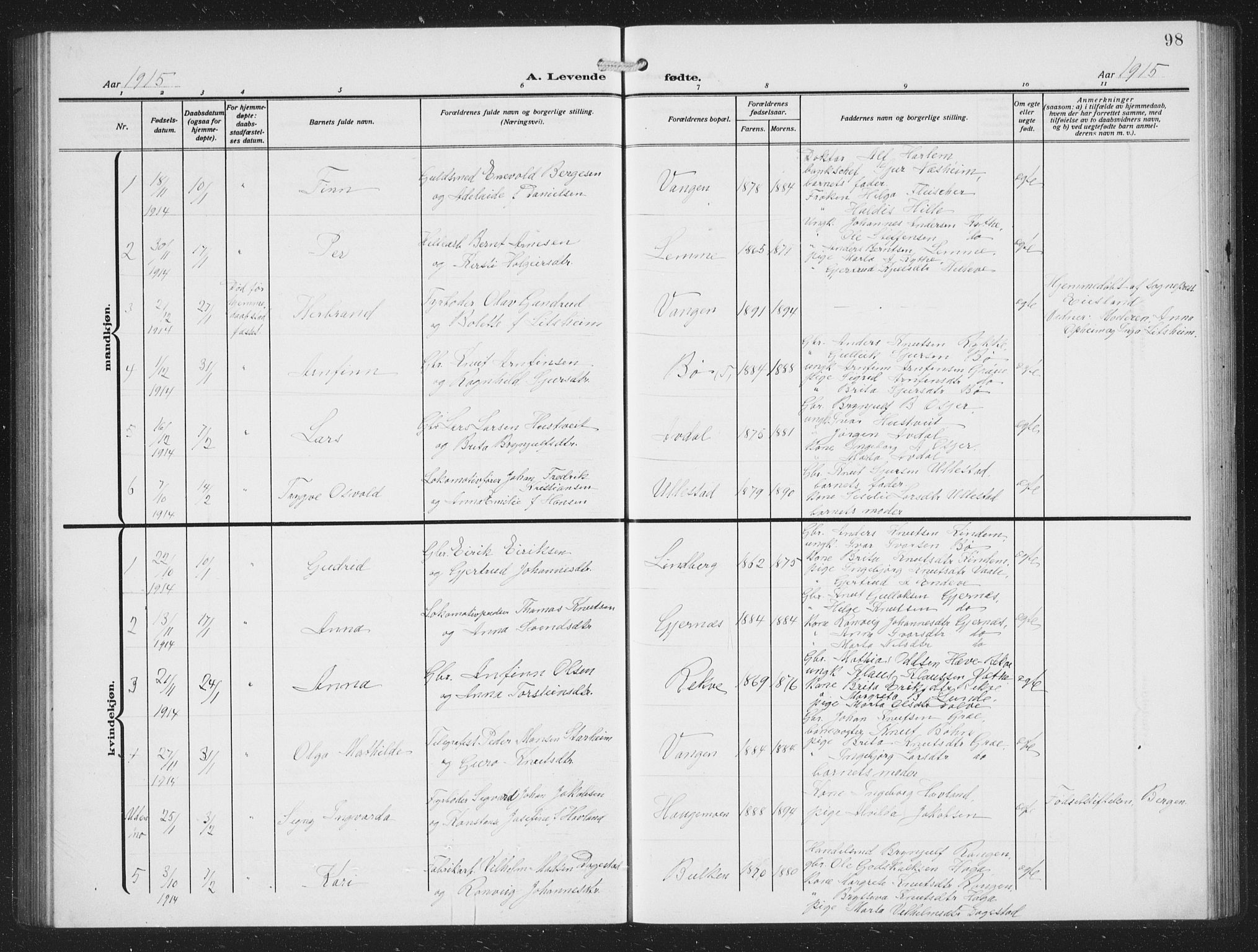 Voss sokneprestembete, SAB/A-79001/H/Hab: Parish register (copy) no. C 3, 1909-1920, p. 98