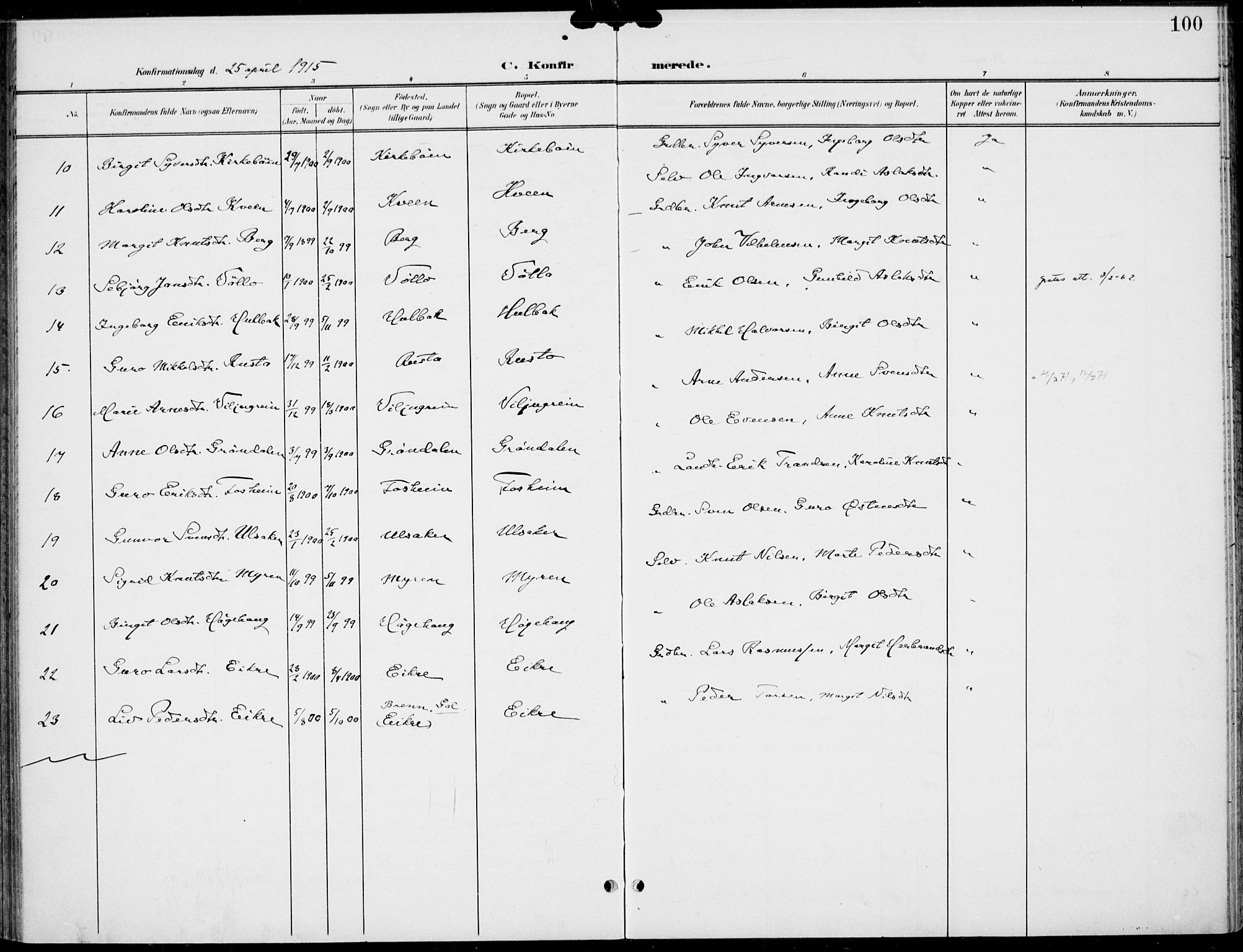 Gol kirkebøker, AV/SAKO-A-226/F/Fb/L0002: Parish register (official) no. II 2, 1900-1921, p. 100