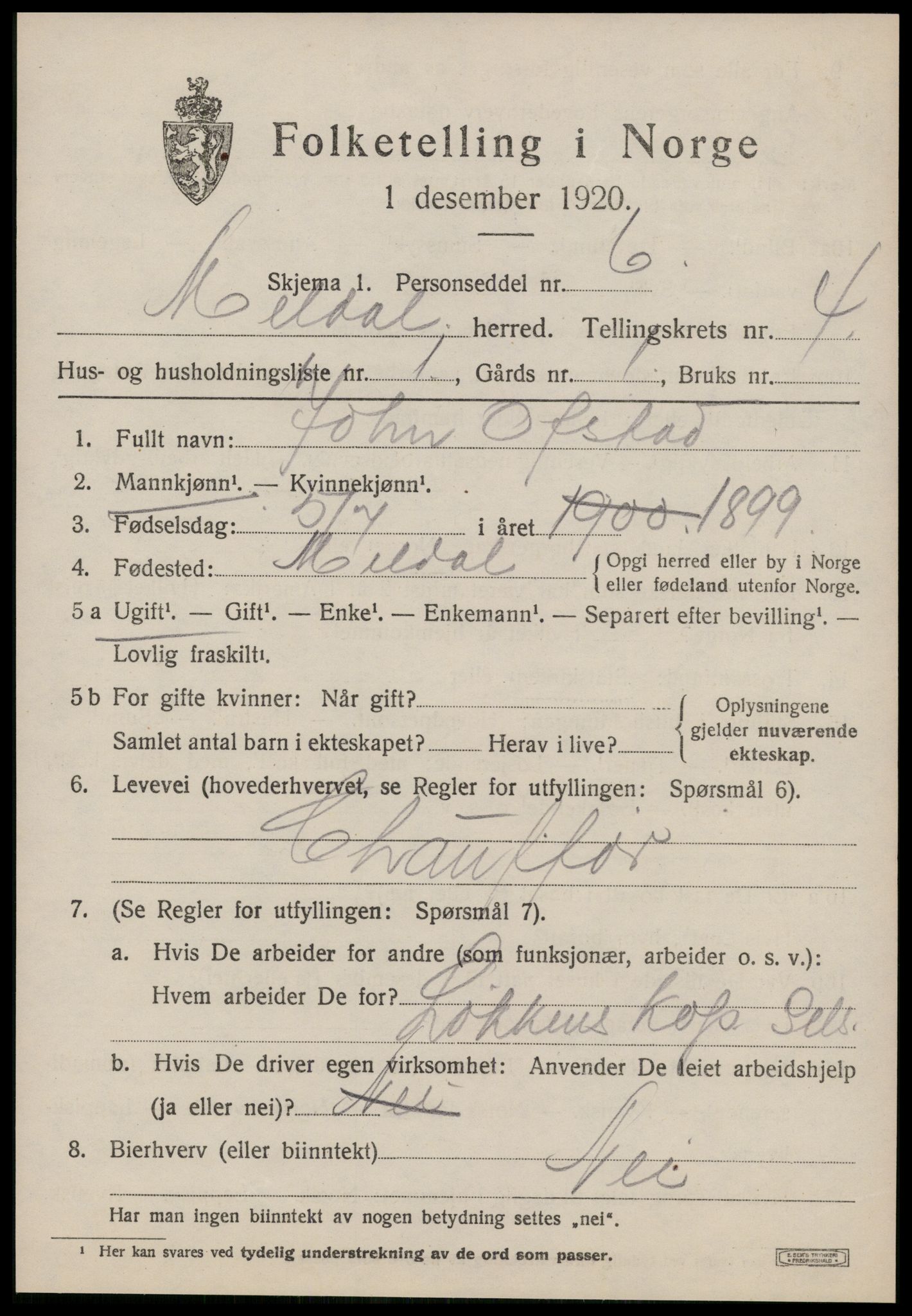 SAT, 1920 census for Meldal, 1920, p. 3641