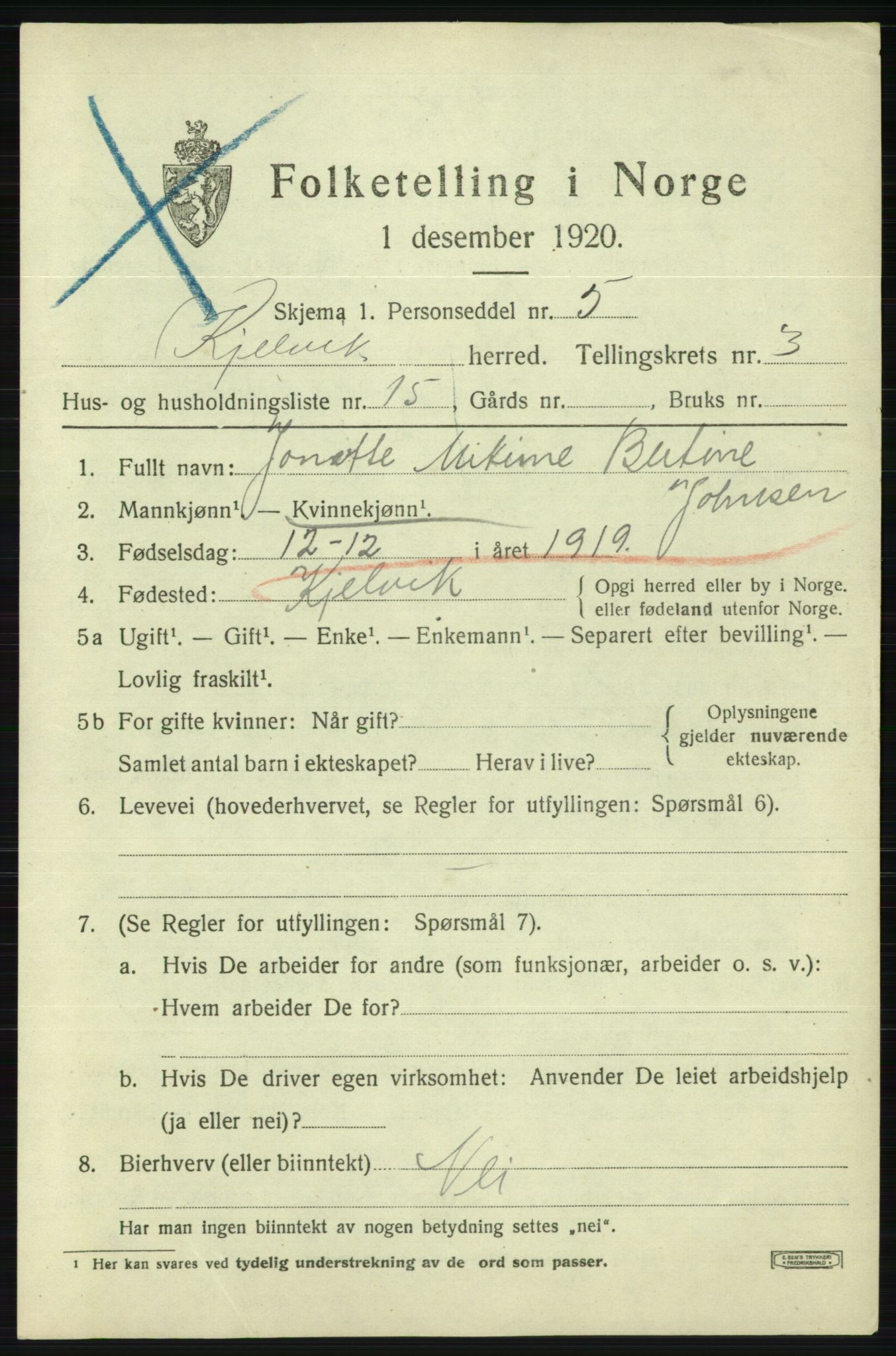 SATØ, 1920 census for Kjelvik, 1920, p. 1895