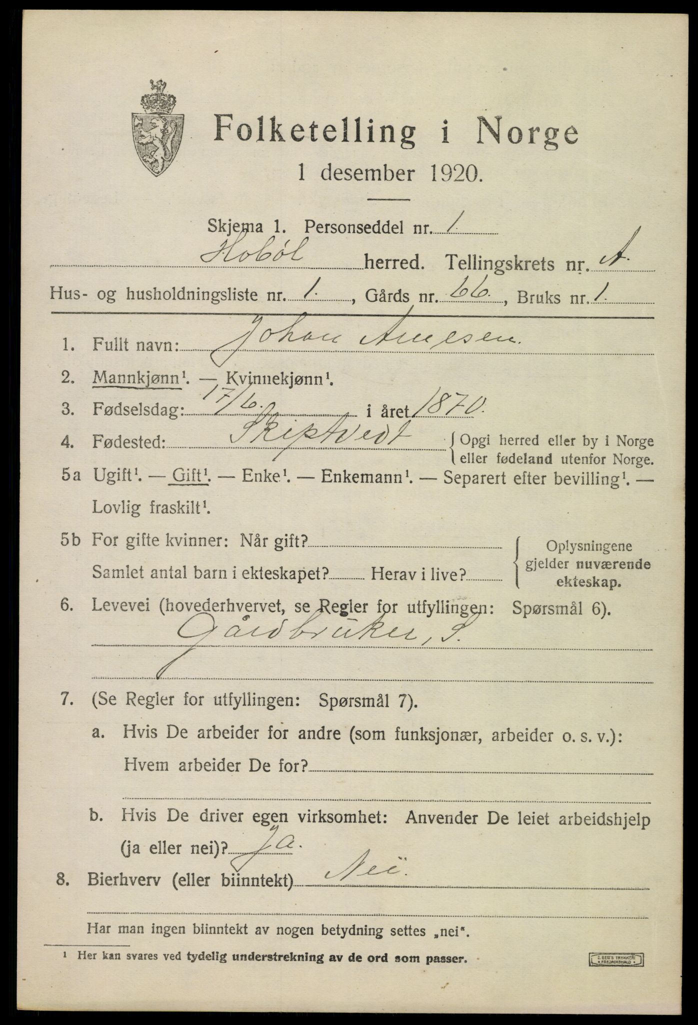 SAO, 1920 census for Hobøl, 1920, p. 886