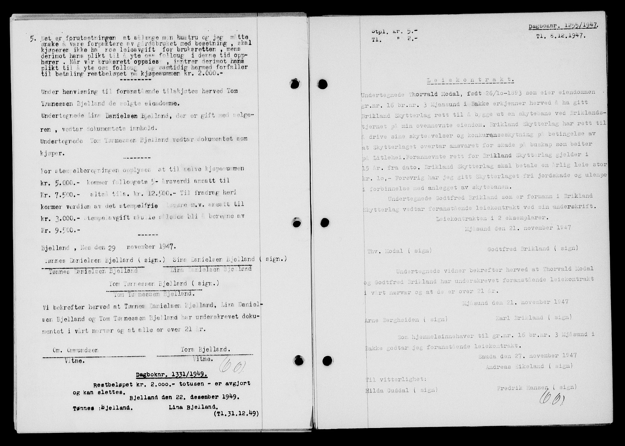 Flekkefjord sorenskriveri, SAK/1221-0001/G/Gb/Gba/L0063: Mortgage book no. A-11, 1947-1948, Diary no: : 1255/1947