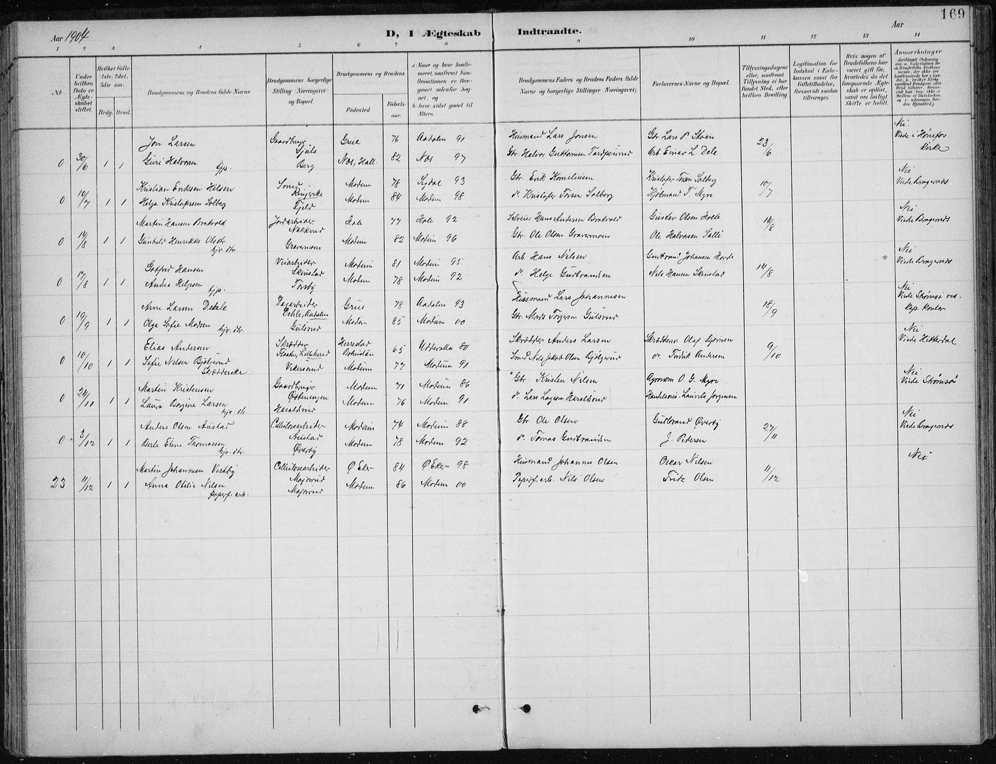 Modum kirkebøker, AV/SAKO-A-234/F/Fa/L0013: Parish register (official) no. 13, 1899-1907, p. 169