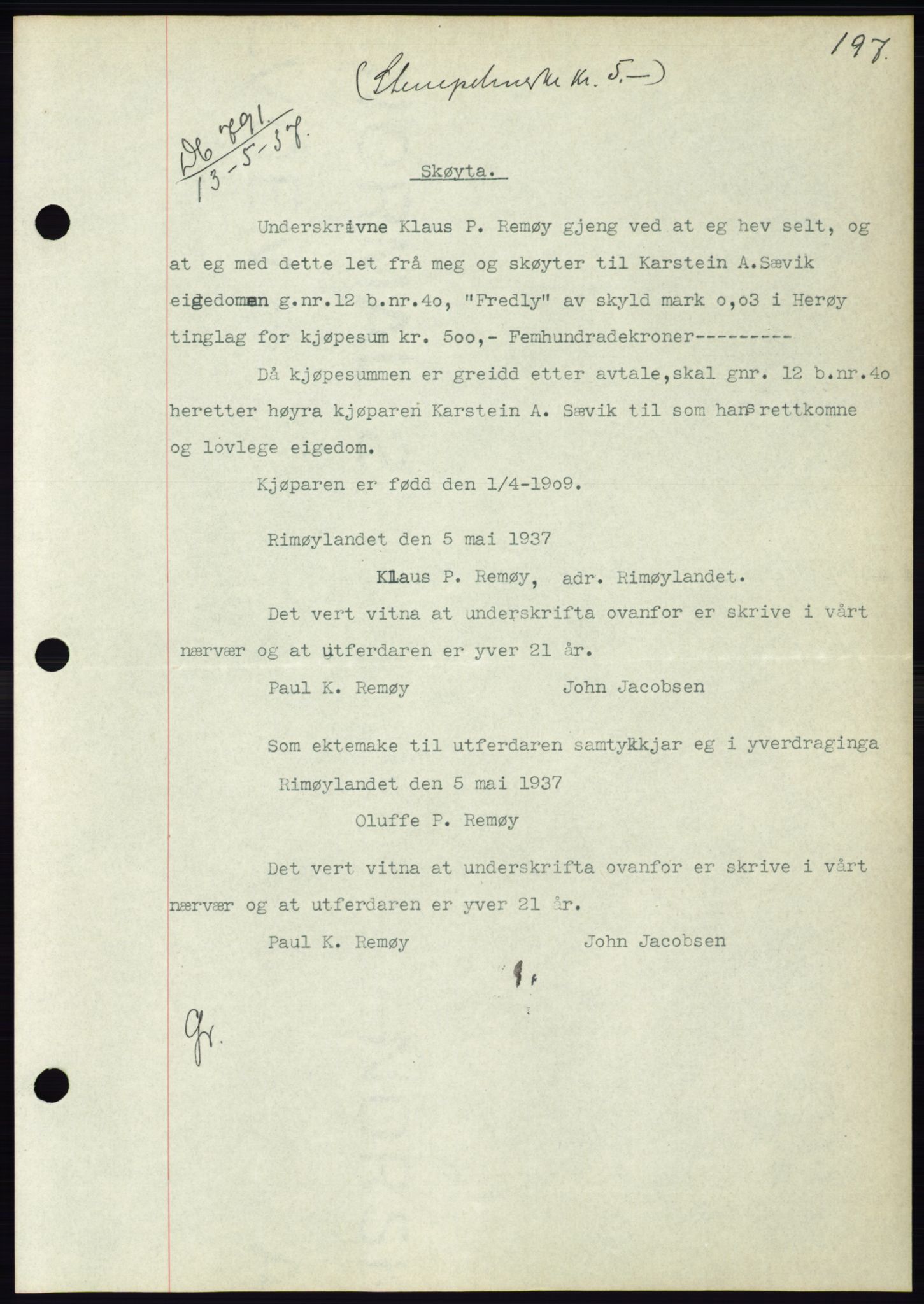 Søre Sunnmøre sorenskriveri, AV/SAT-A-4122/1/2/2C/L0063: Mortgage book no. 57, 1937-1937, Diary no: : 791/1937