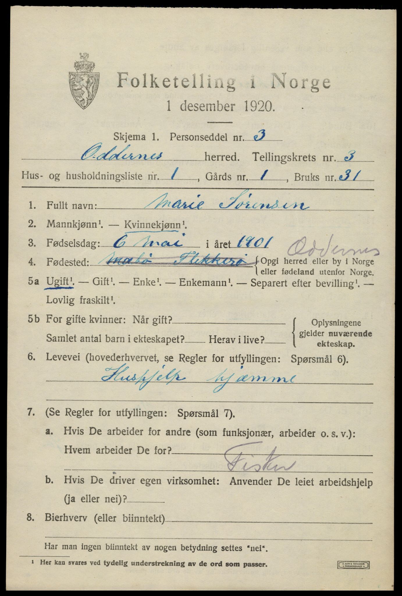 SAK, 1920 census for Oddernes, 1920, p. 3353