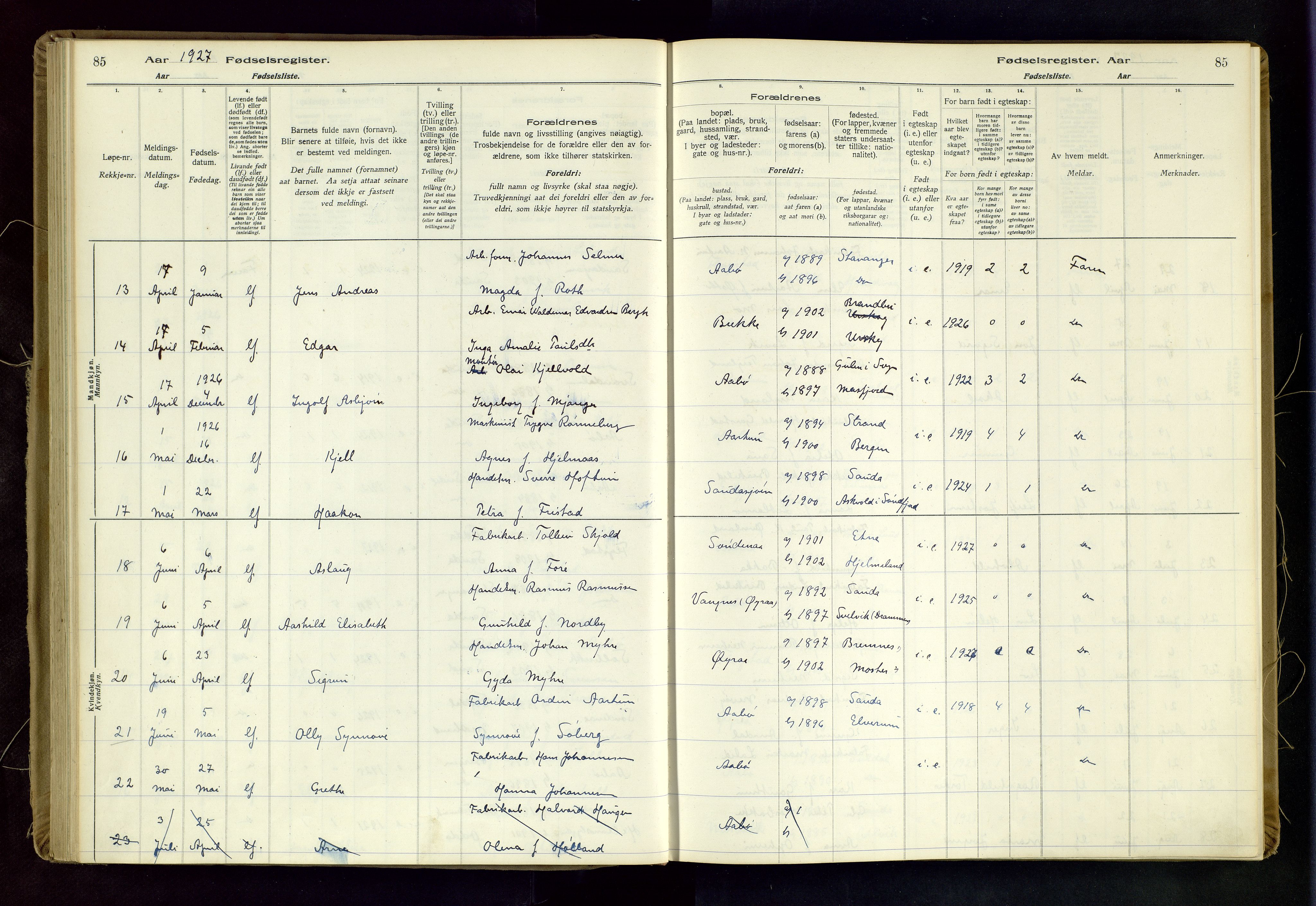 Sand sokneprestkontor, AV/SAST-A-101848/03/C/L0003: Birth register no. 3, 1916-1936, p. 85