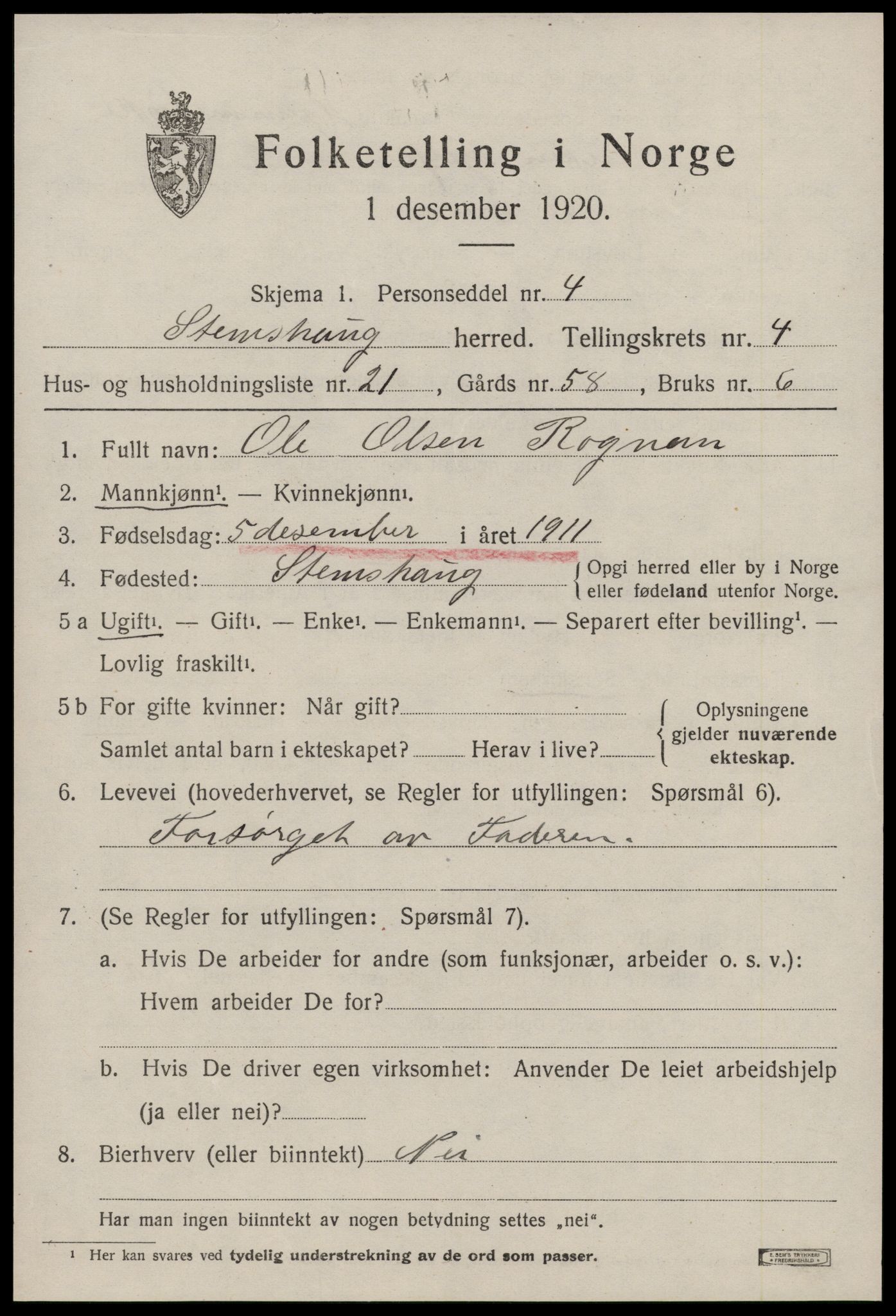 SAT, 1920 census for Stemshaug, 1920, p. 1886