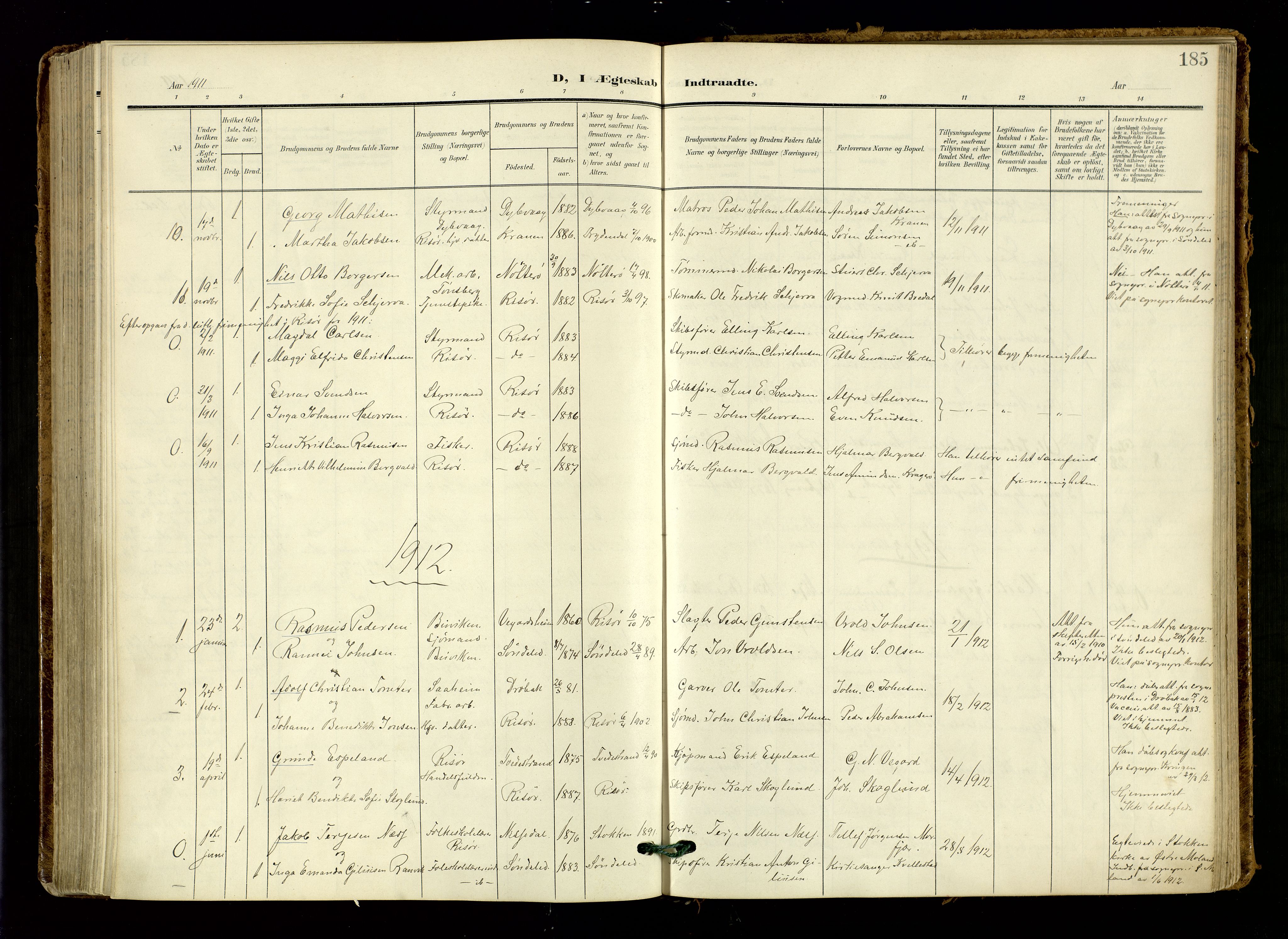 Risør sokneprestkontor, AV/SAK-1111-0035/F/Fa/L0011: Parish register (official) no. A 11, 1907-1920, p. 185