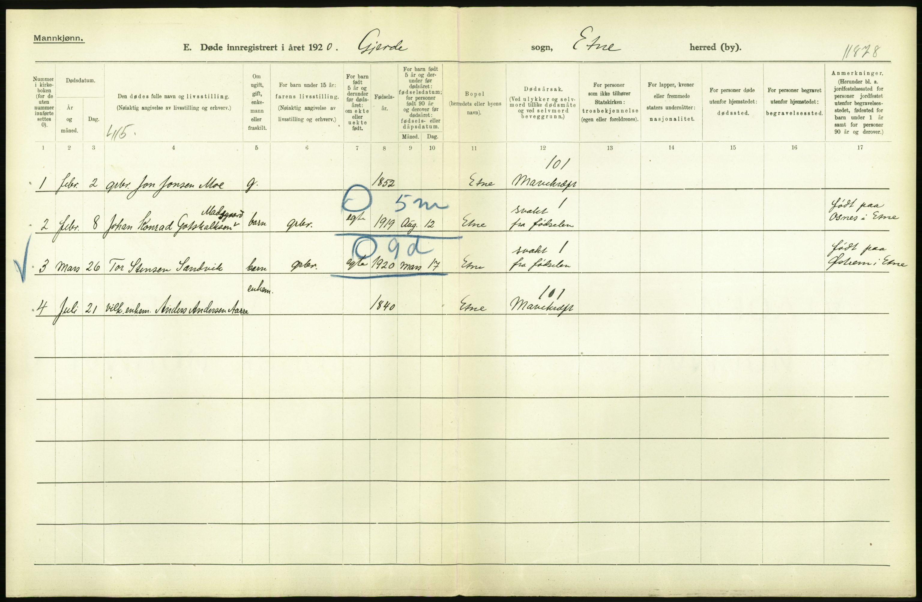 Statistisk sentralbyrå, Sosiodemografiske emner, Befolkning, AV/RA-S-2228/D/Df/Dfb/Dfbj/L0040: Hordaland fylke: Døde. Bygder., 1920, p. 24