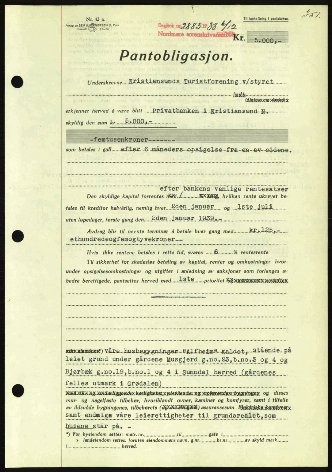 Nordmøre sorenskriveri, AV/SAT-A-4132/1/2/2Ca: Mortgage book no. B84, 1938-1939, Diary no: : 2883/1938