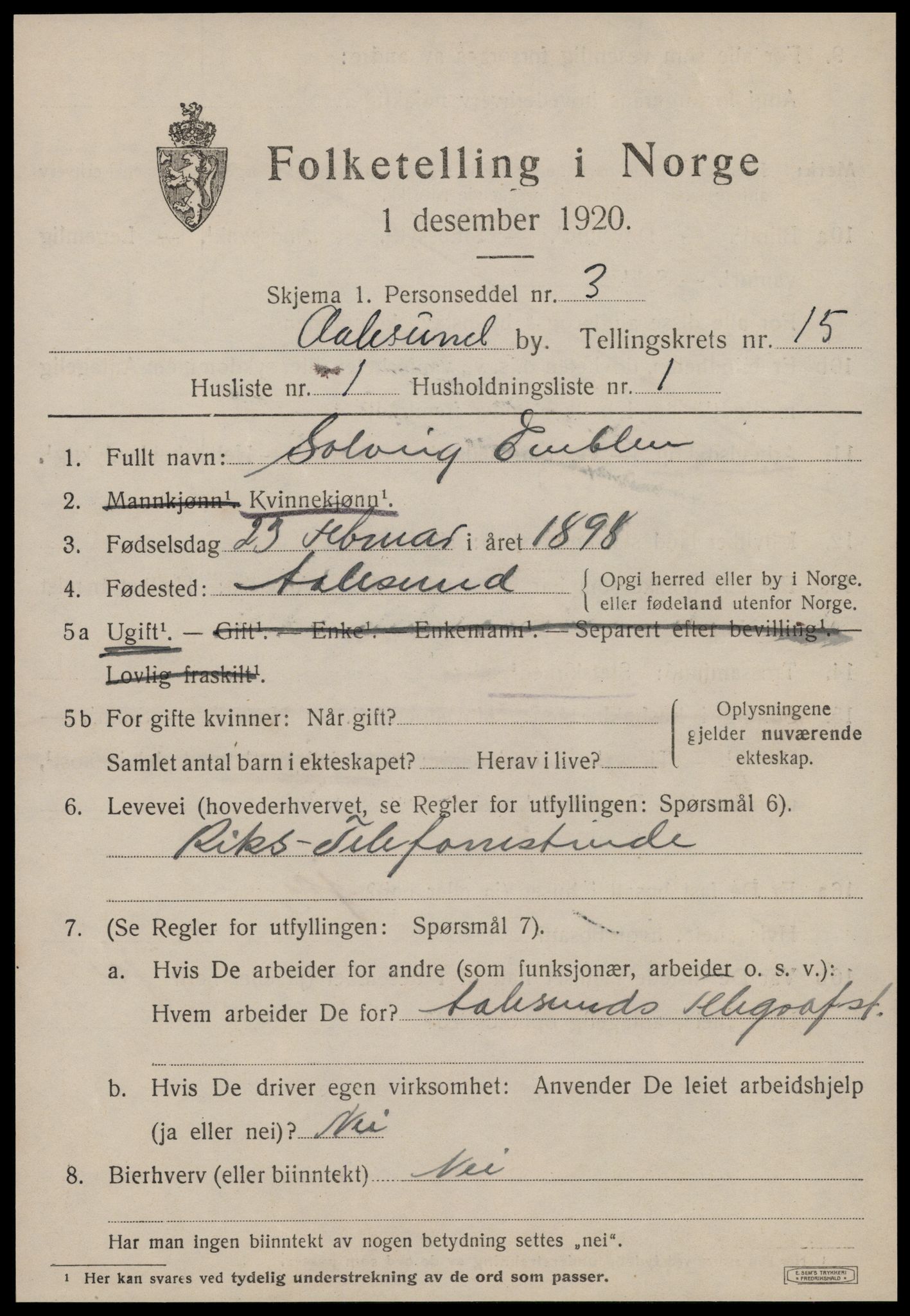 SAT, 1920 census for Ålesund, 1920, p. 29484