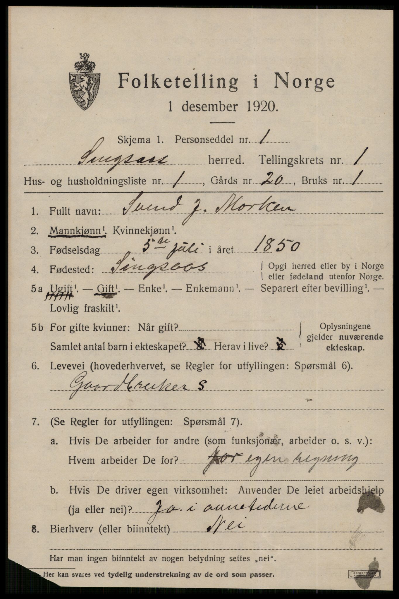 SAT, 1920 census for Singsås, 1920, p. 631