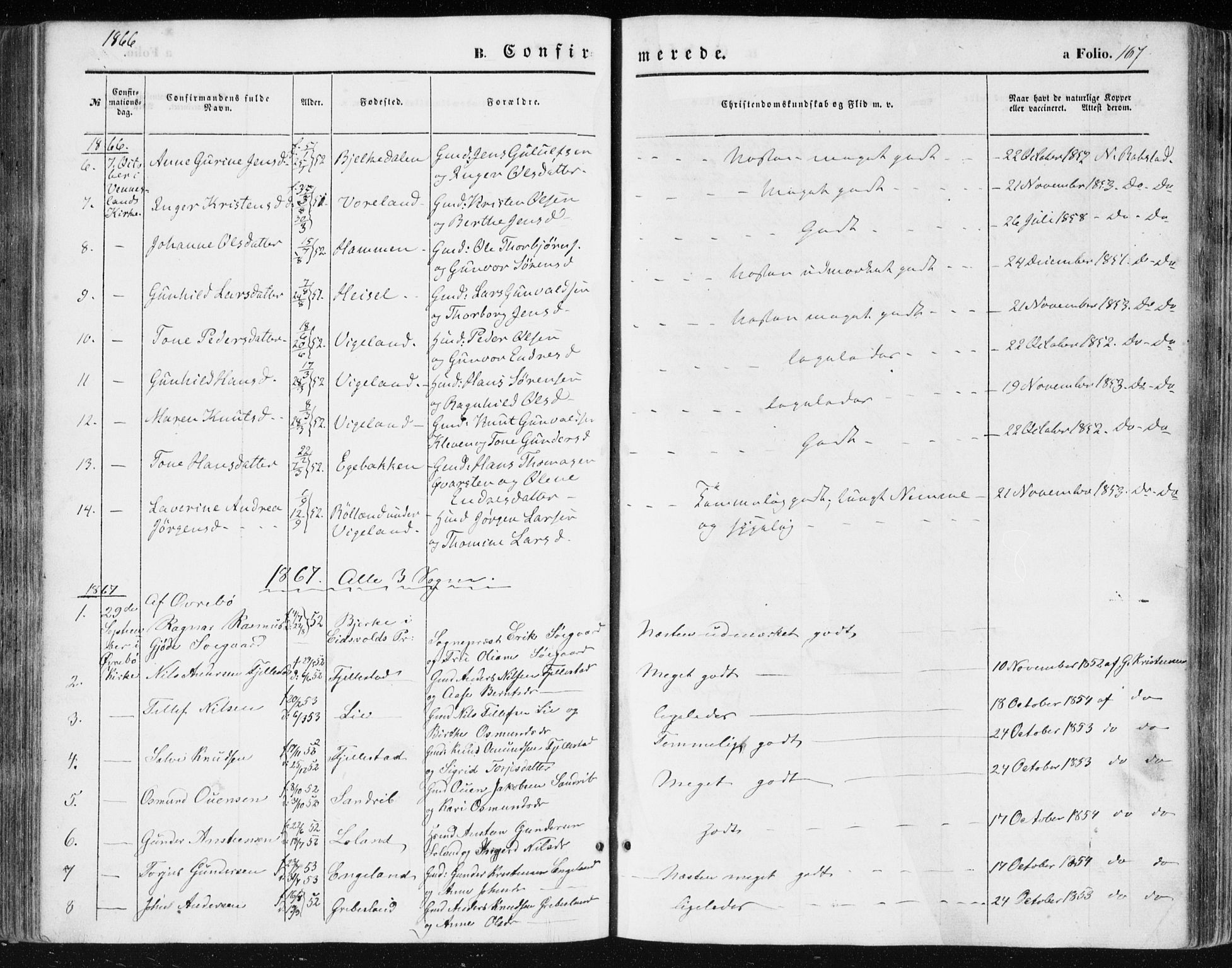 Vennesla sokneprestkontor, AV/SAK-1111-0045/Fa/Fac/L0007: Parish register (official) no. A 7, 1855-1873, p. 167