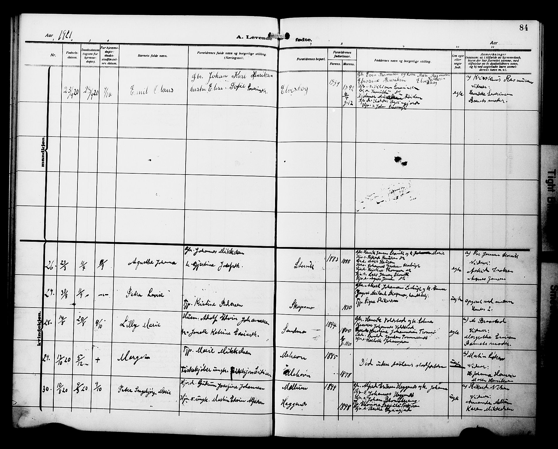 Skjervøy sokneprestkontor, AV/SATØ-S-1300/H/Ha/Hab/L0022klokker: Parish register (copy) no. 22, 1910-1926, p. 84