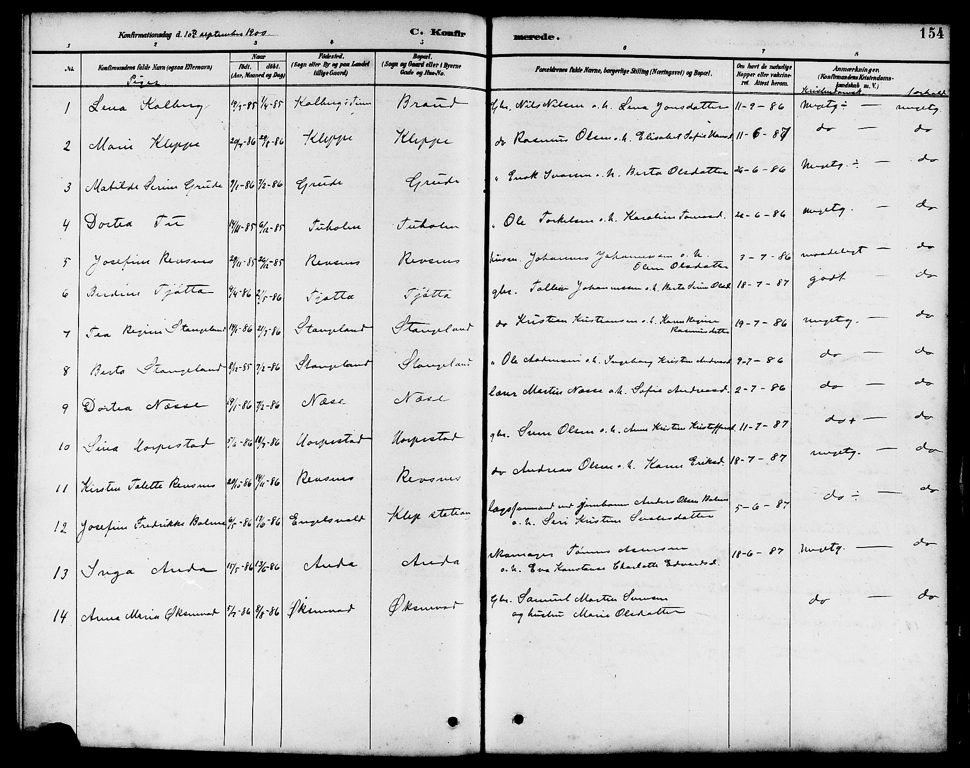 Klepp sokneprestkontor, SAST/A-101803/001/3/30BB/L0004: Parish register (copy) no. B 4, 1889-1914, p. 154