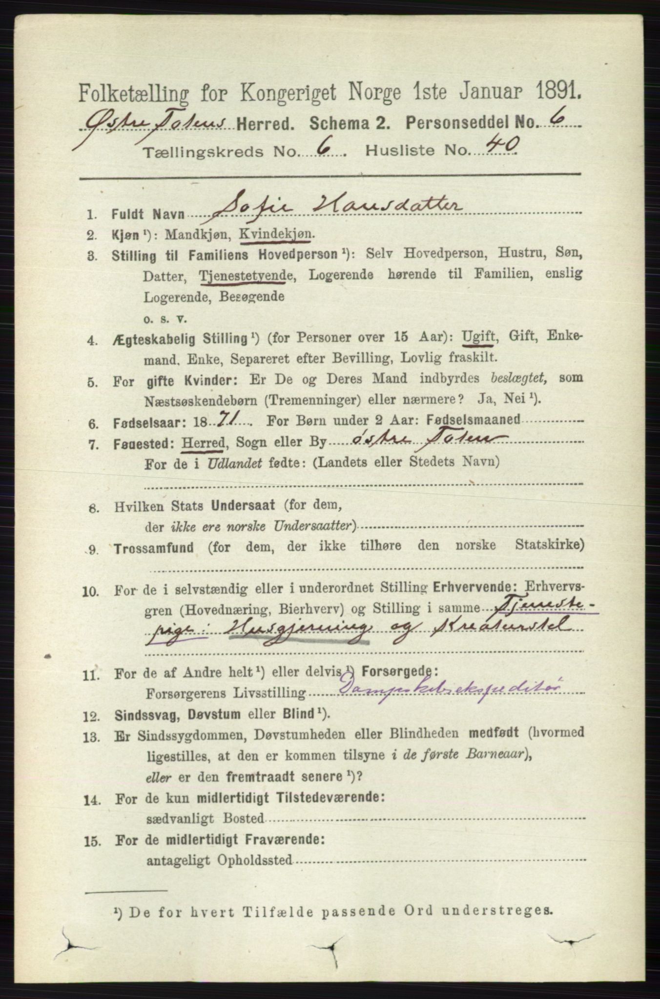 RA, 1891 census for 0528 Østre Toten, 1891, p. 4019