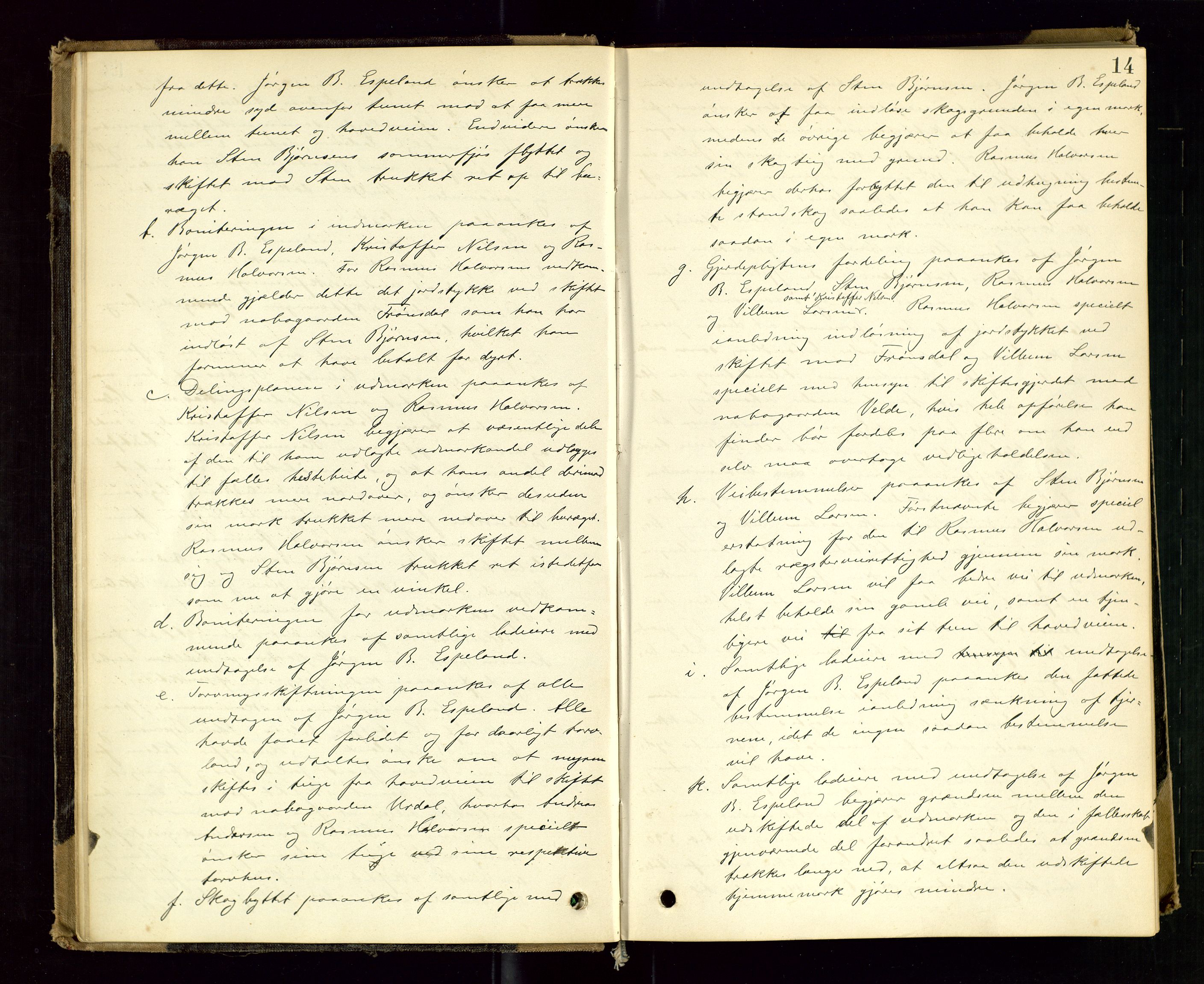 Rogaland jordskifterett, AV/SAST-A-102426/Oa/L0050: Forhandlingsprotokoll, 1884-1894, p. 14