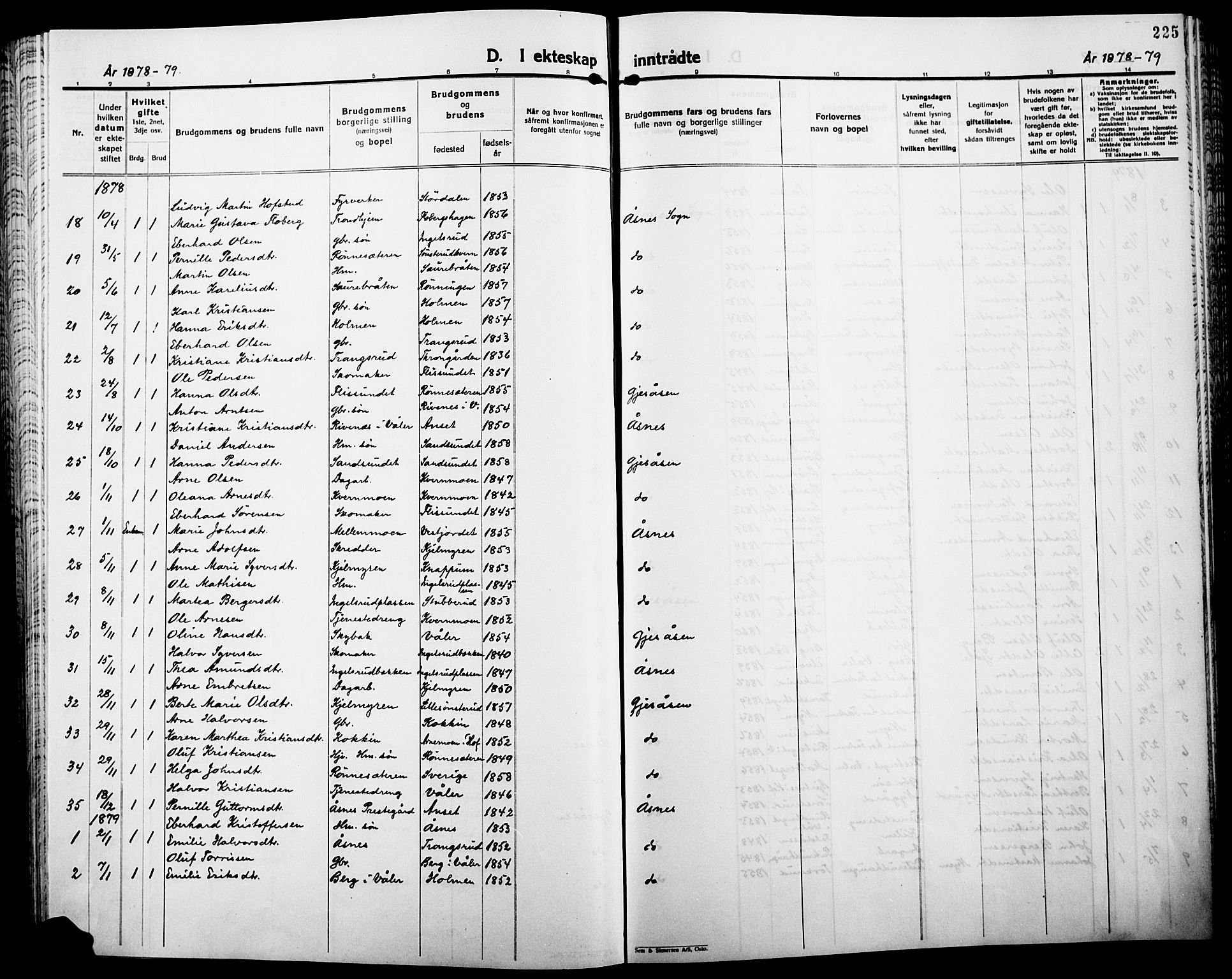 Åsnes prestekontor, SAH/PREST-042/H/Ha/Haa/L0000B: Parish register (official), 1870-1889, p. 225