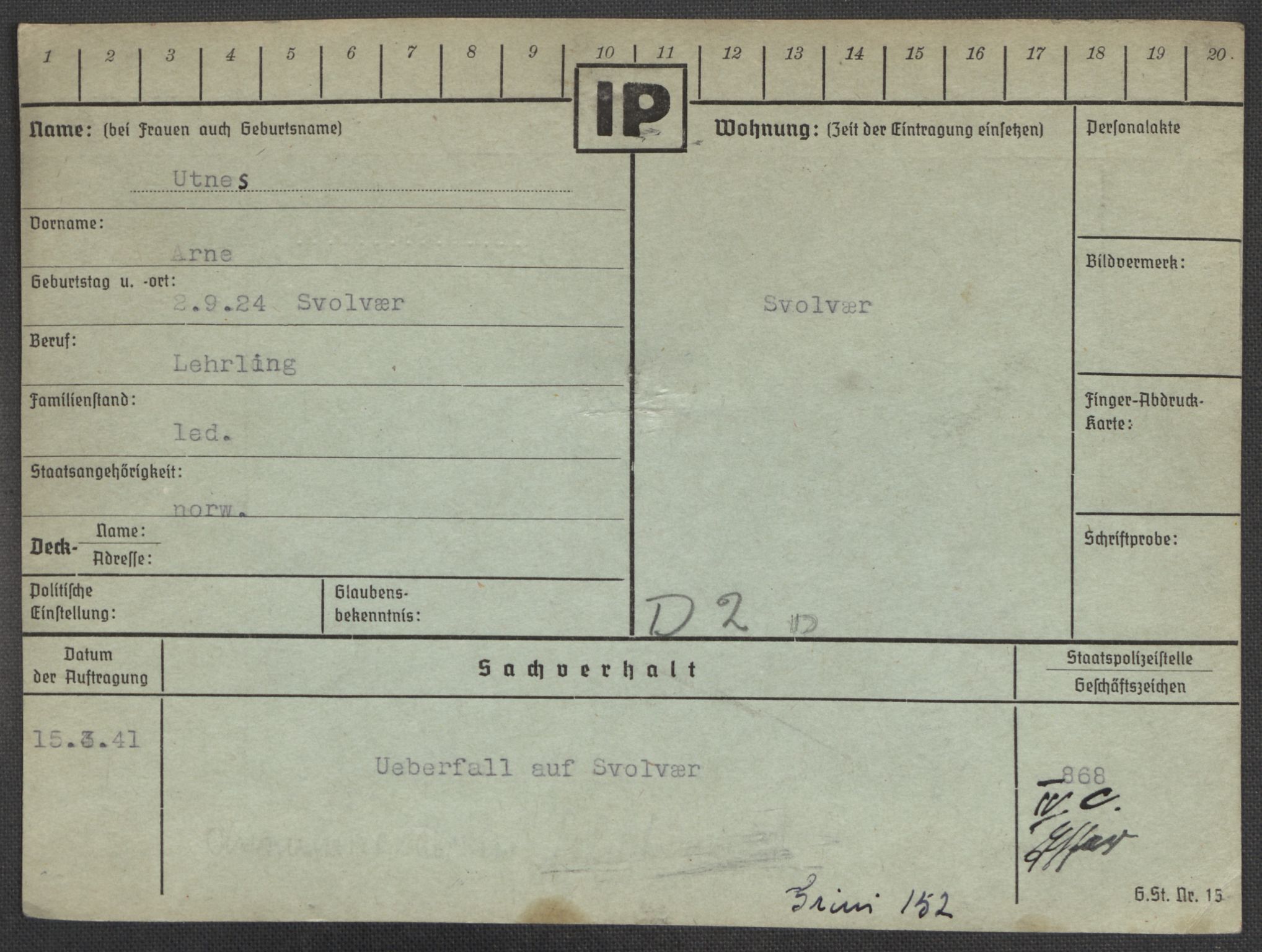 Befehlshaber der Sicherheitspolizei und des SD, RA/RAFA-5969/E/Ea/Eaa/L0010: Register over norske fanger i Møllergata 19: Sø-Å, 1940-1945, p. 666