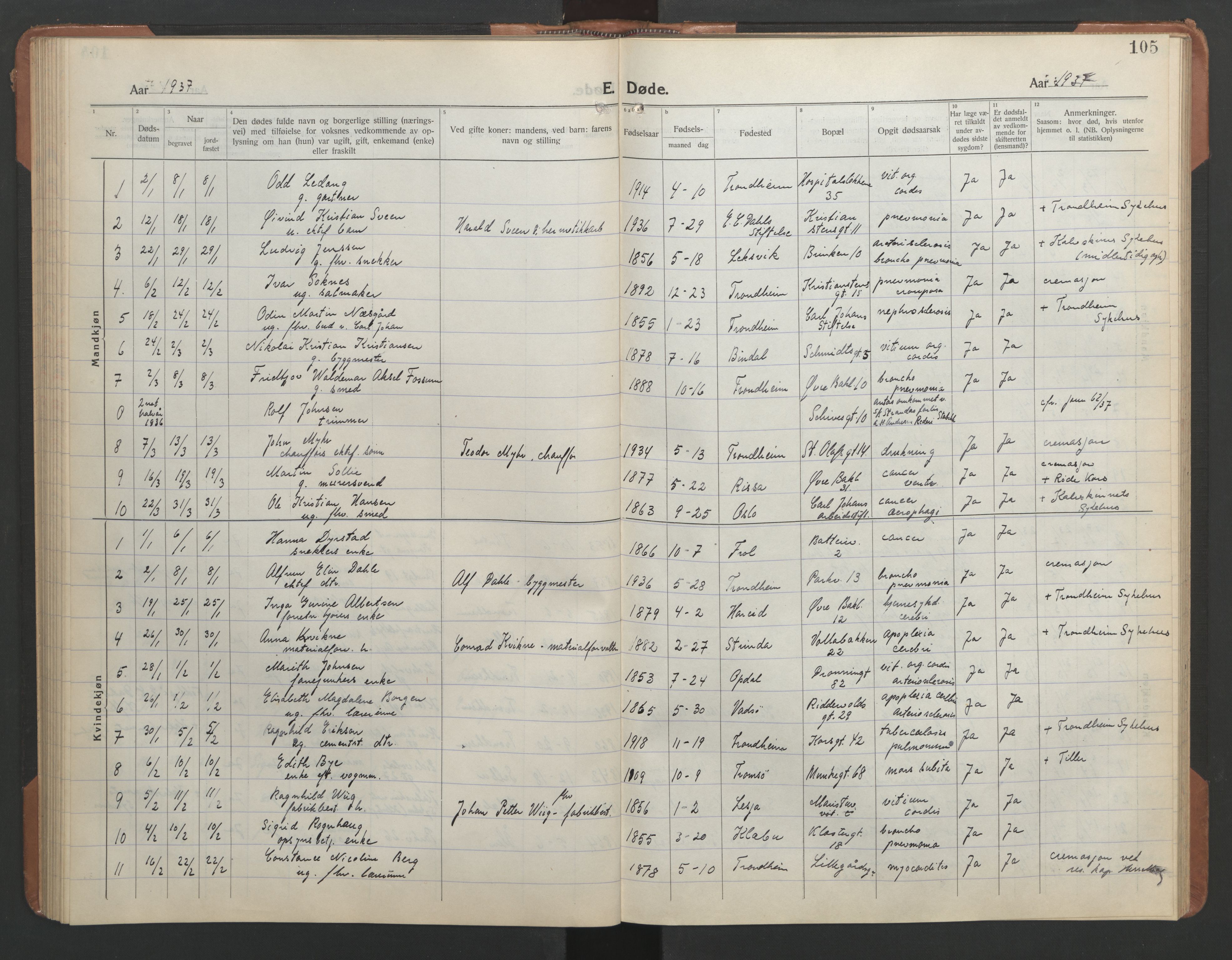 Ministerialprotokoller, klokkerbøker og fødselsregistre - Sør-Trøndelag, SAT/A-1456/602/L0150: Parish register (copy) no. 602C18, 1922-1949, p. 105