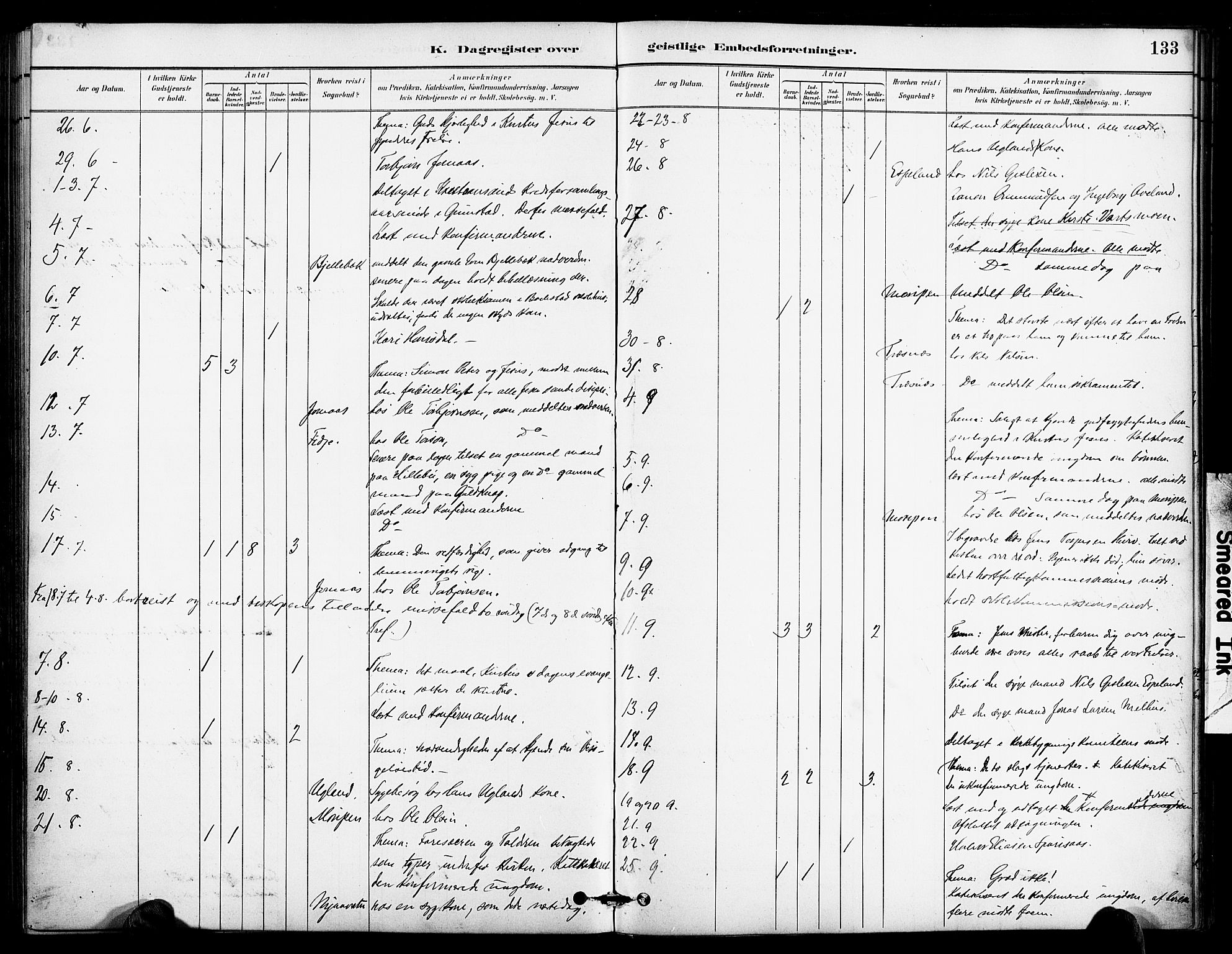 Froland sokneprestkontor, AV/SAK-1111-0013/F/Fa/L0004: Parish register (official) no. A 4, 1882-1906, p. 133