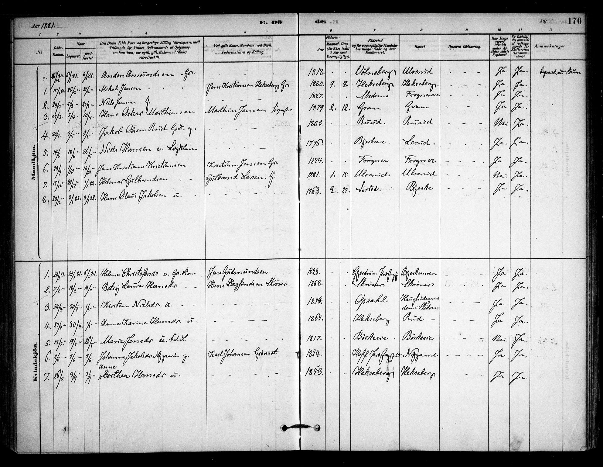 Sørum prestekontor Kirkebøker, SAO/A-10303/F/Fb/L0001: Parish register (official) no. II 1, 1878-1915, p. 176
