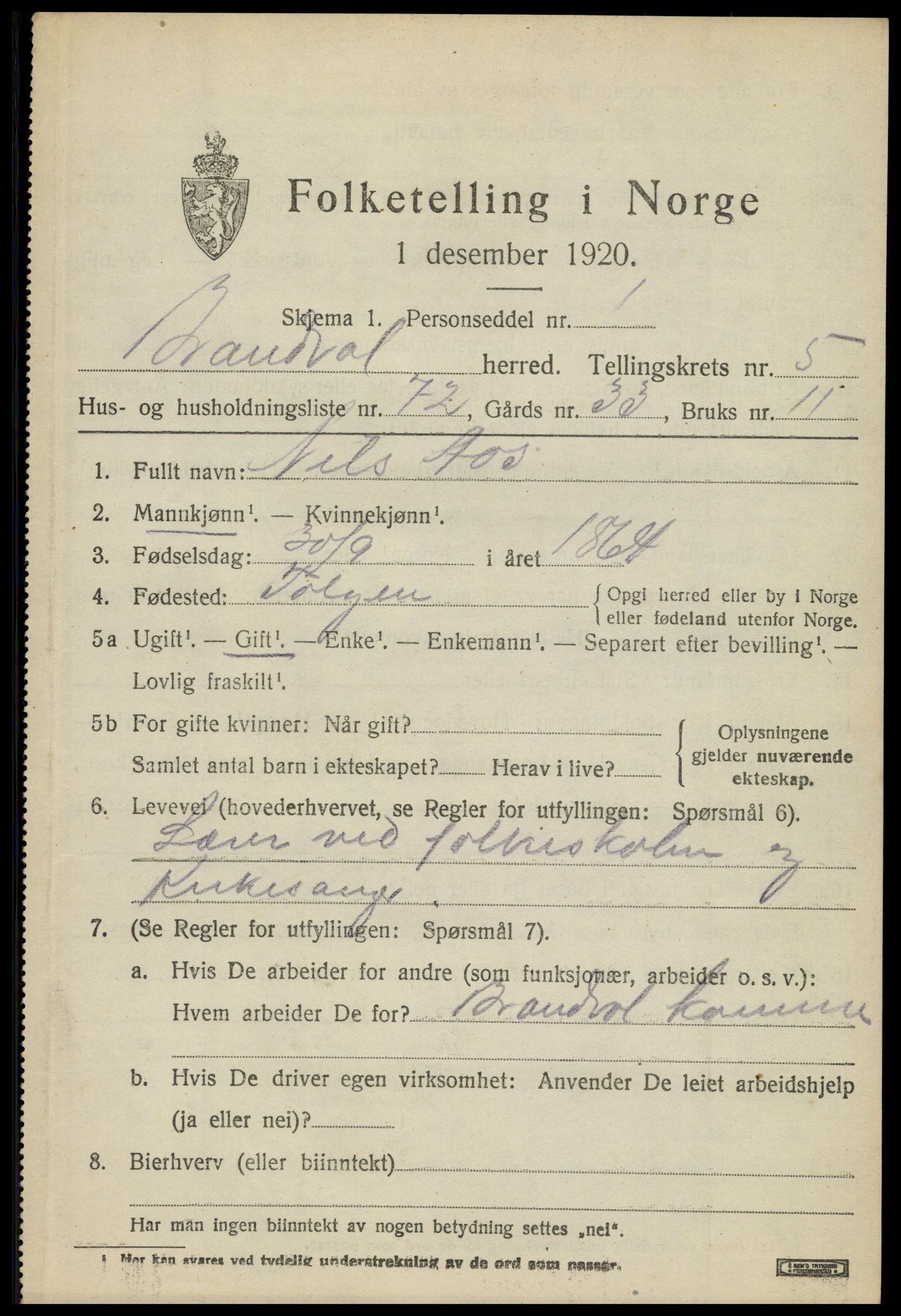 SAH, 1920 census for Brandval, 1920, p. 5238