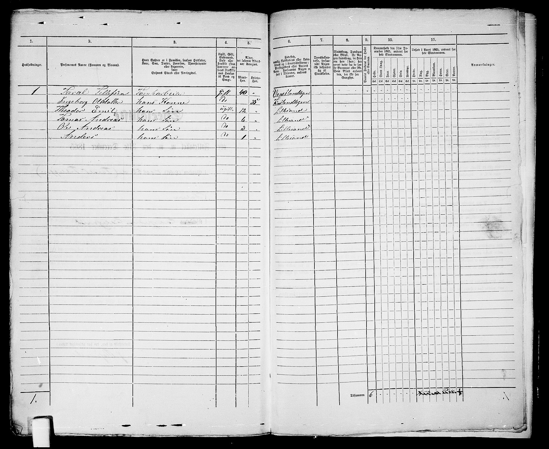 RA, 1865 census for Vestre Moland/Lillesand, 1865, p. 332