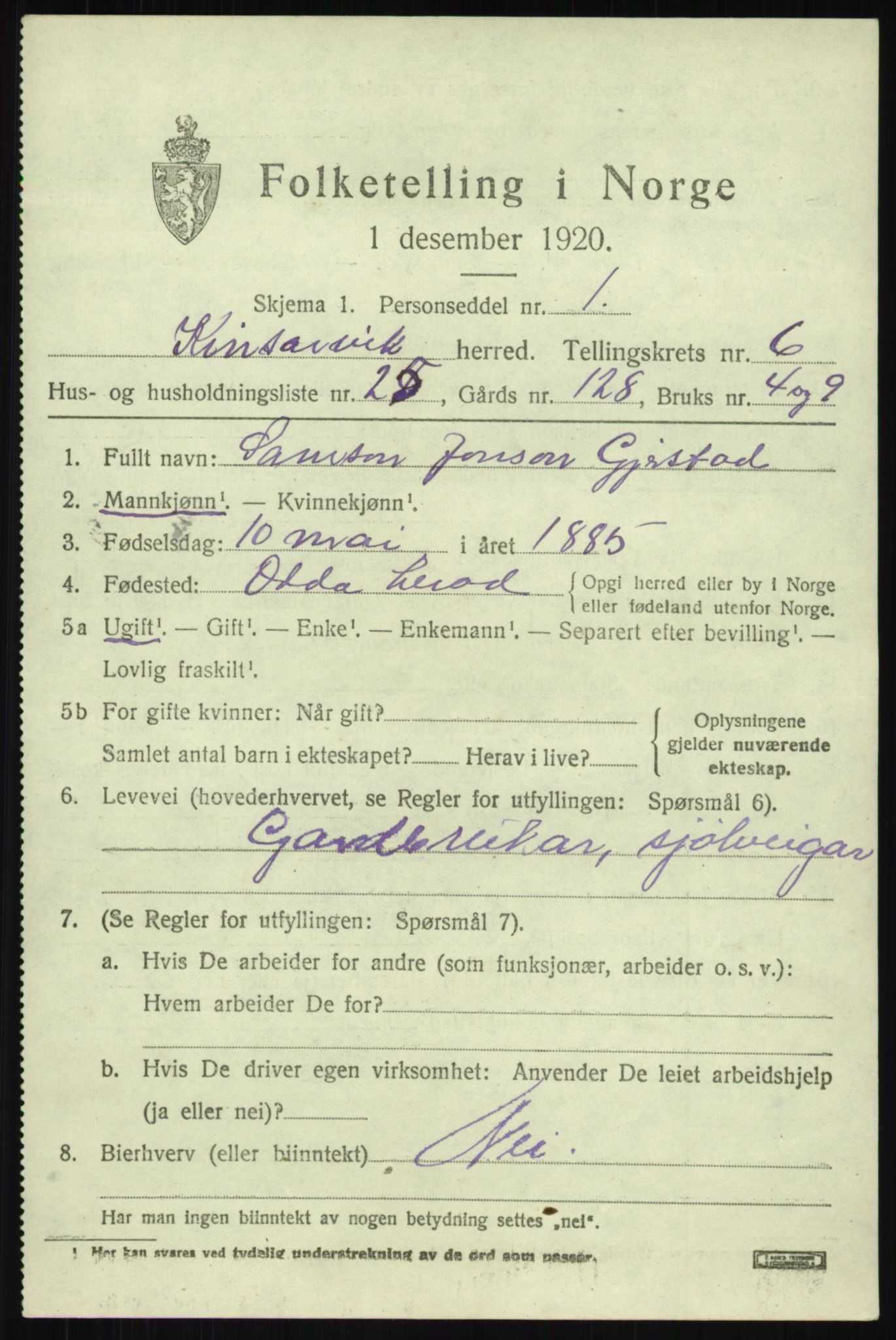 SAB, 1920 census for Kinsarvik, 1920, p. 3146