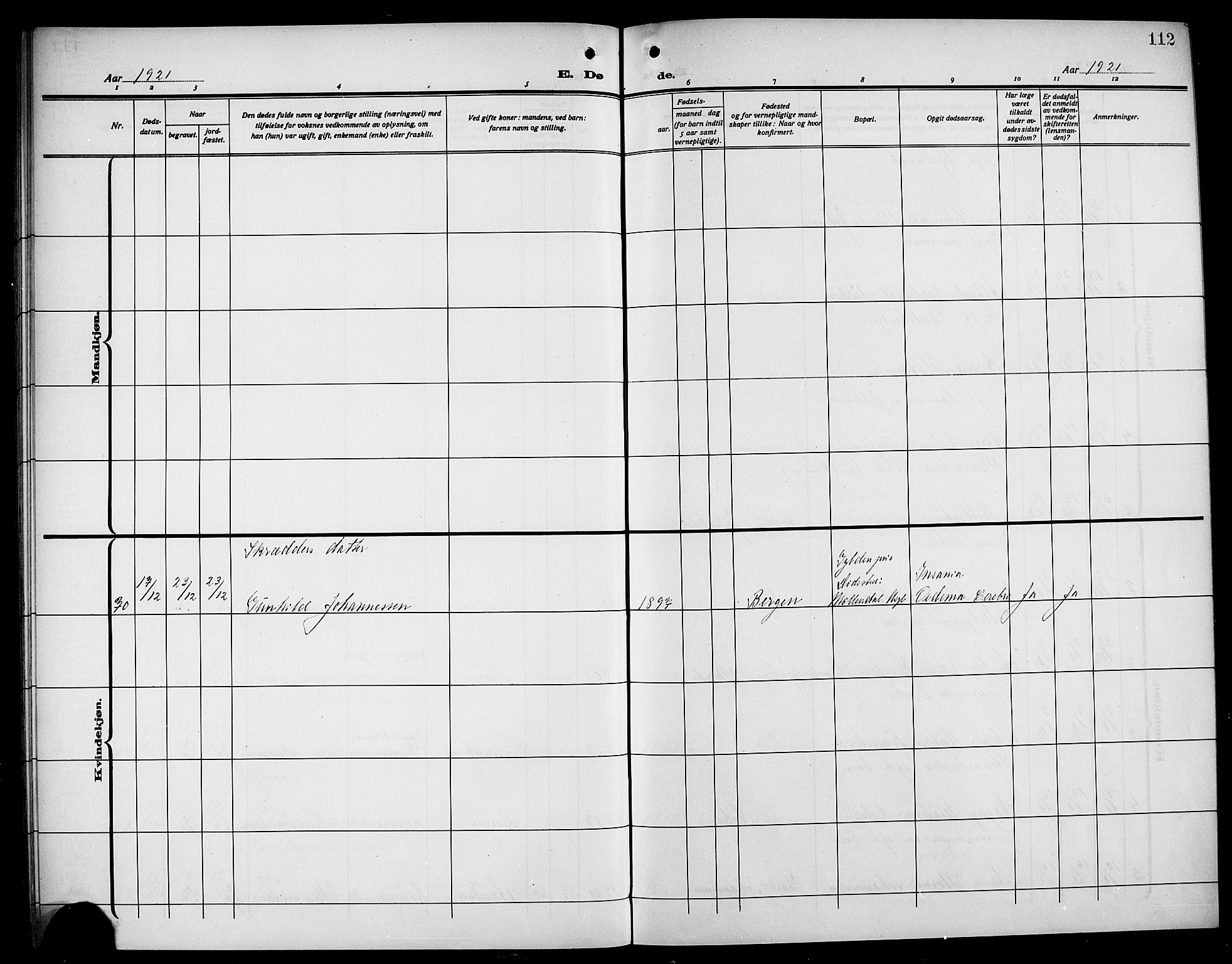 Årstad Sokneprestembete, AV/SAB-A-79301/H/Hab/L0024: Parish register (copy) no. D 1, 1915-1922, p. 112