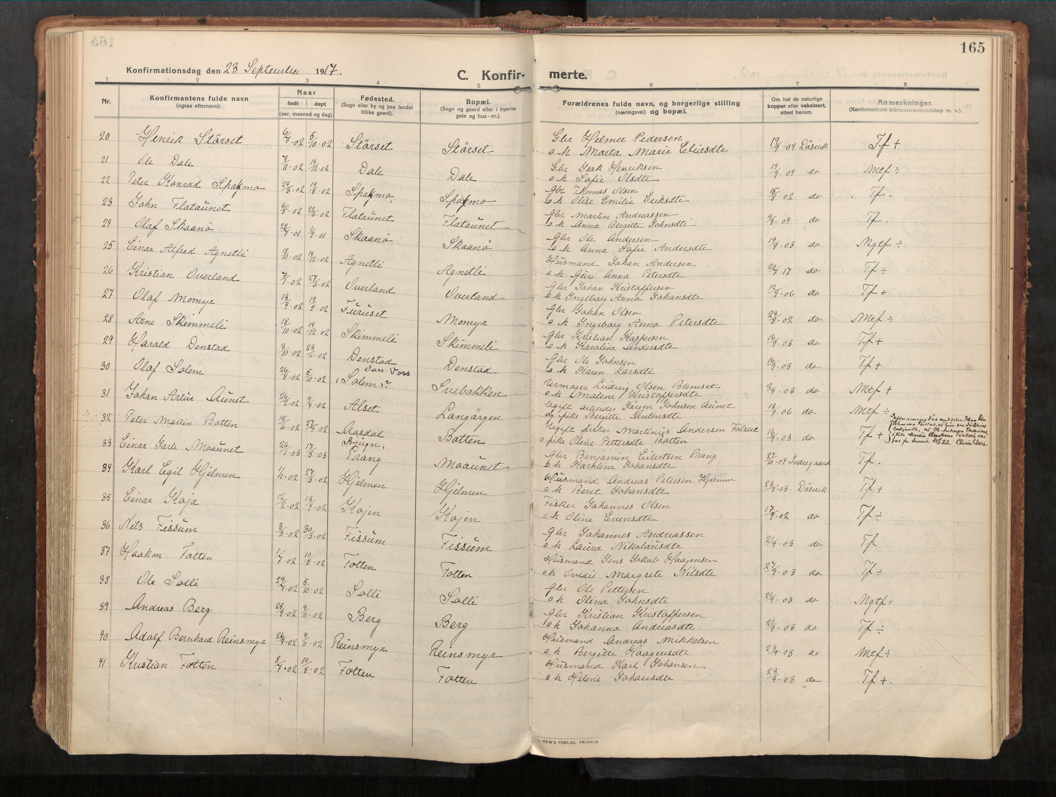 Stadsbygd sokneprestkontor, SAT/A-1117/1/I/I1/I1a/L0001: Parish register (official) no. 1, 1911-1929, p. 165