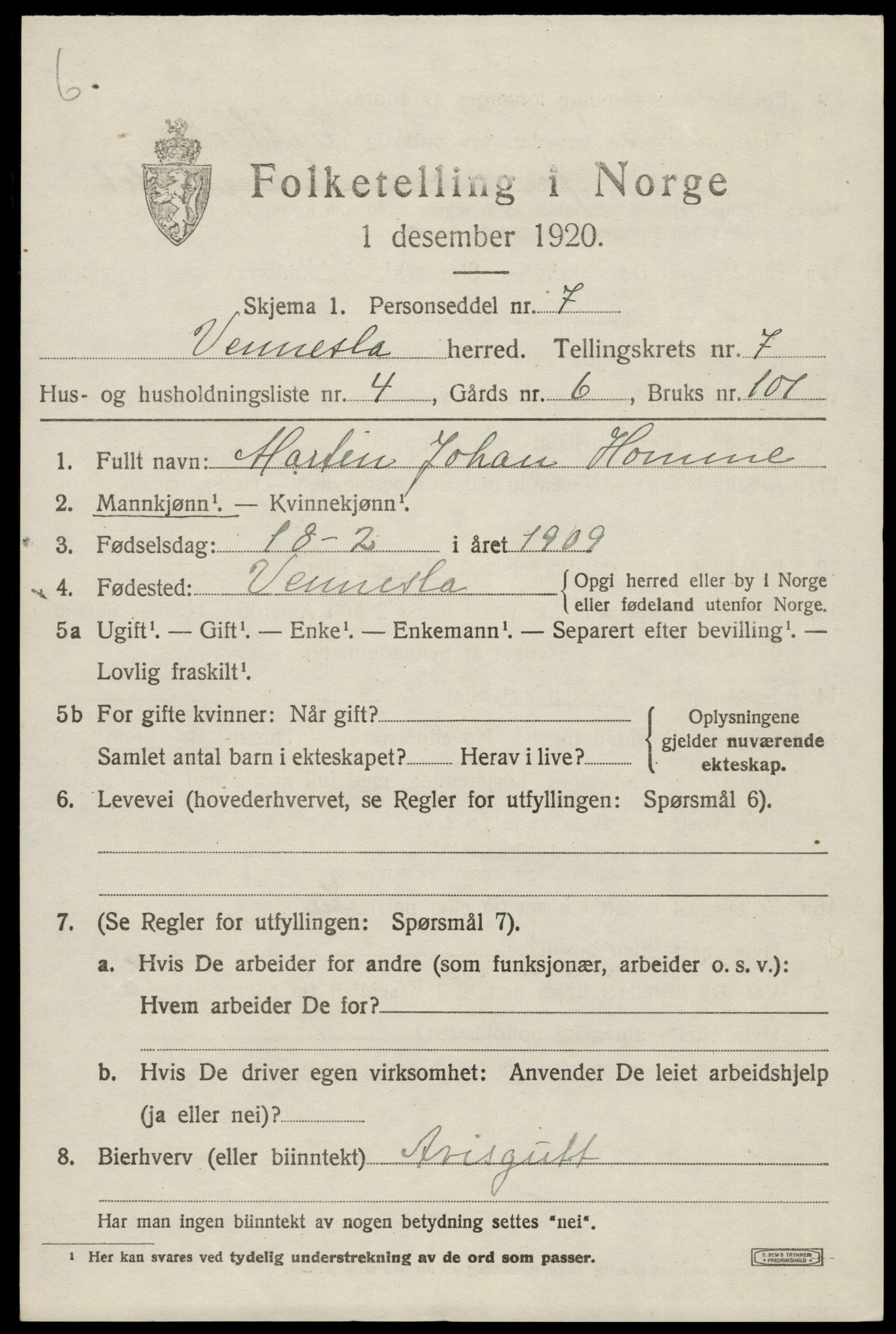 SAK, 1920 census for Vennesla, 1920, p. 4788