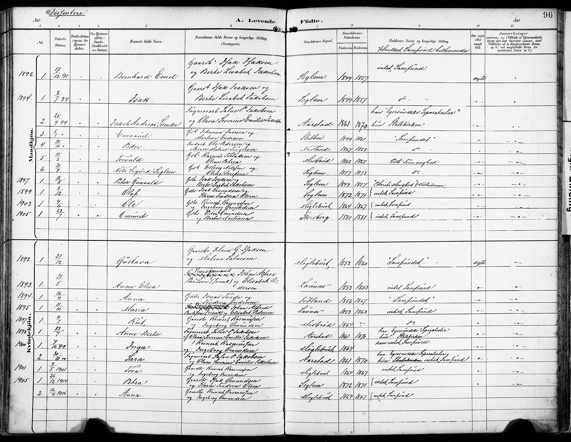 Eigersund sokneprestkontor, SAST/A-101807/S08/L0018: Parish register (official) no. A 17, 1892-1905, p. 96