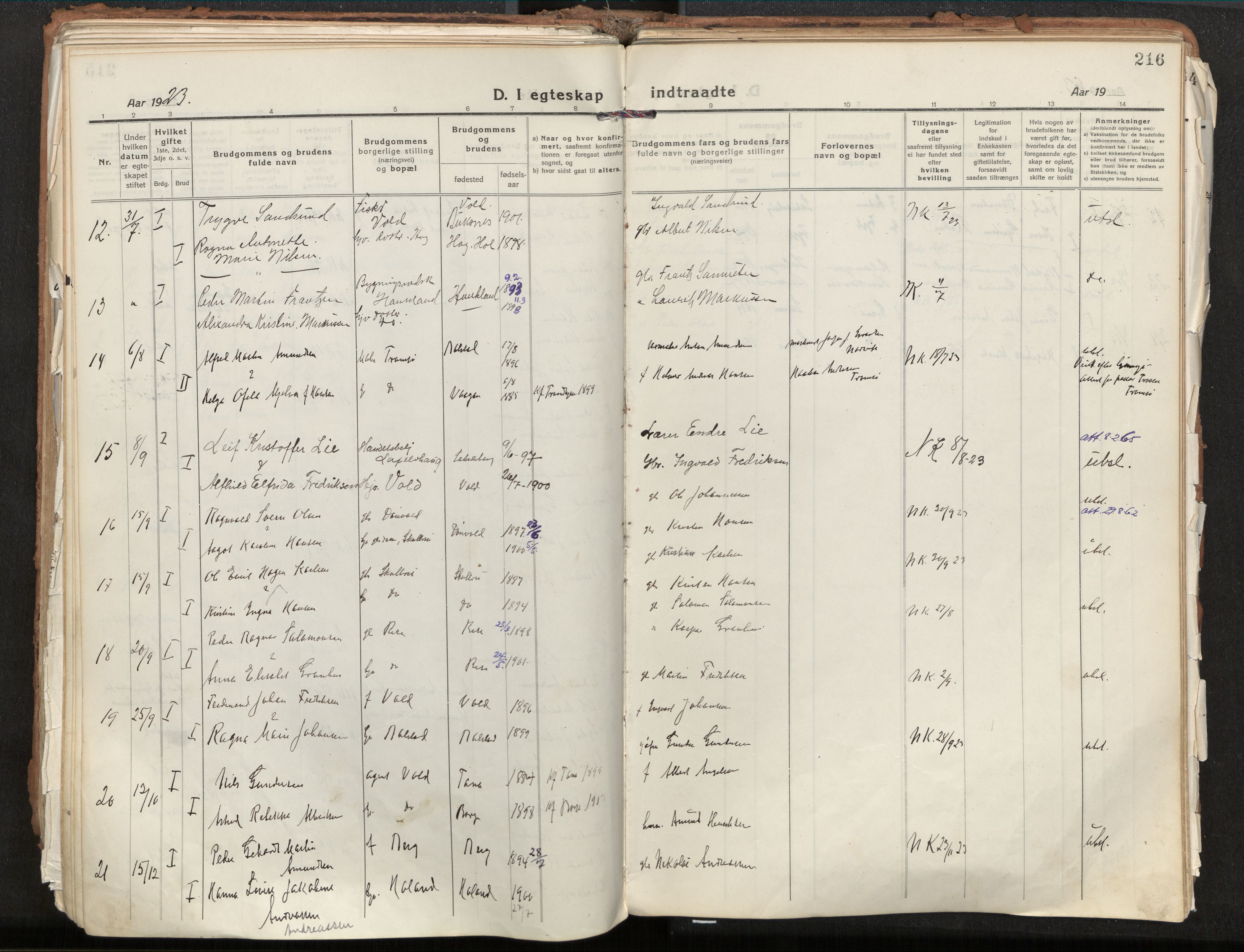 Ministerialprotokoller, klokkerbøker og fødselsregistre - Nordland, AV/SAT-A-1459/881/L1160: Parish register (official) no. 881A13, 1919-1937, p. 216