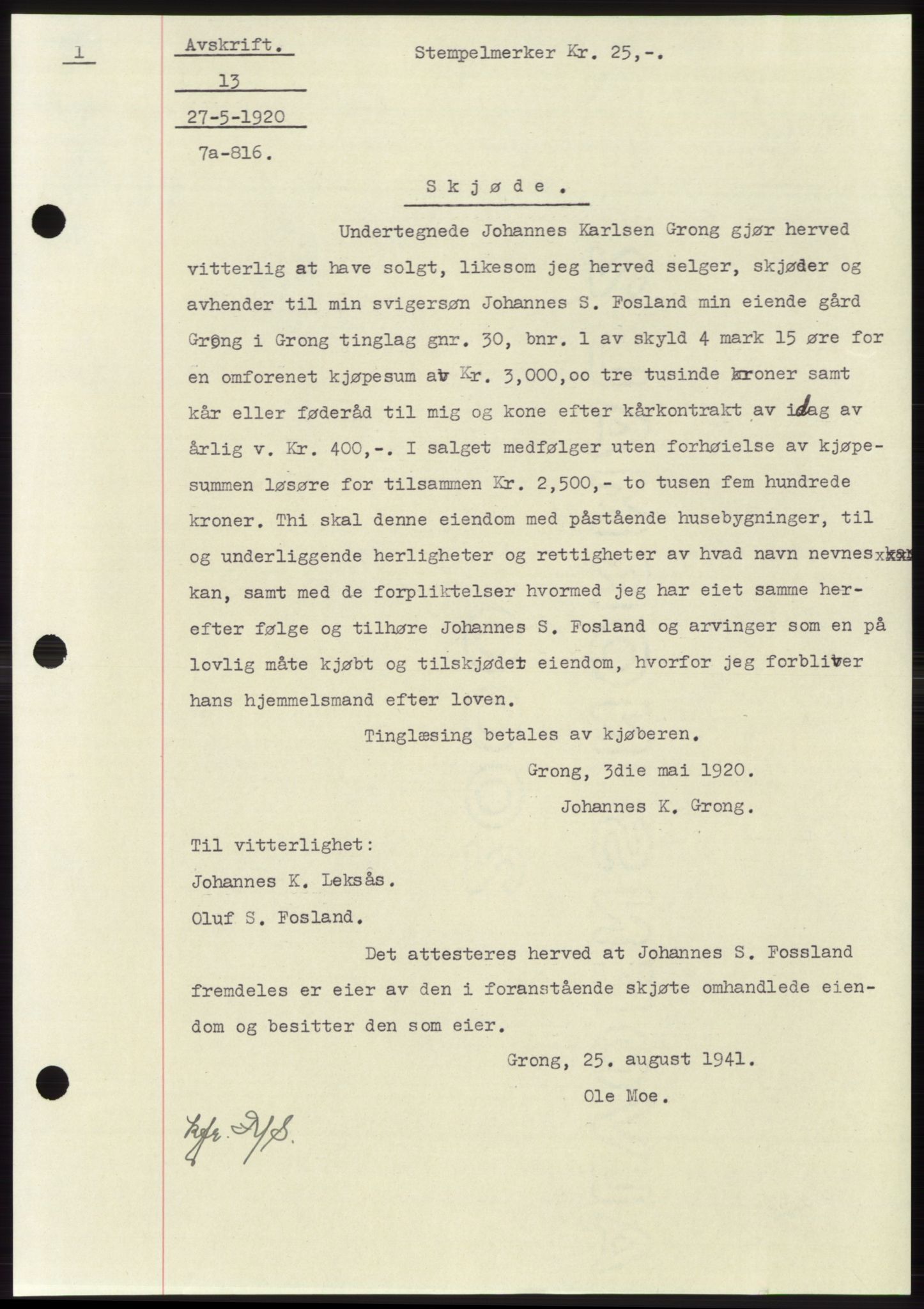 Namdal sorenskriveri, SAT/A-4133/1/2/2C: Mortgage book no. -, 1916-1921, Deed date: 27.05.1920