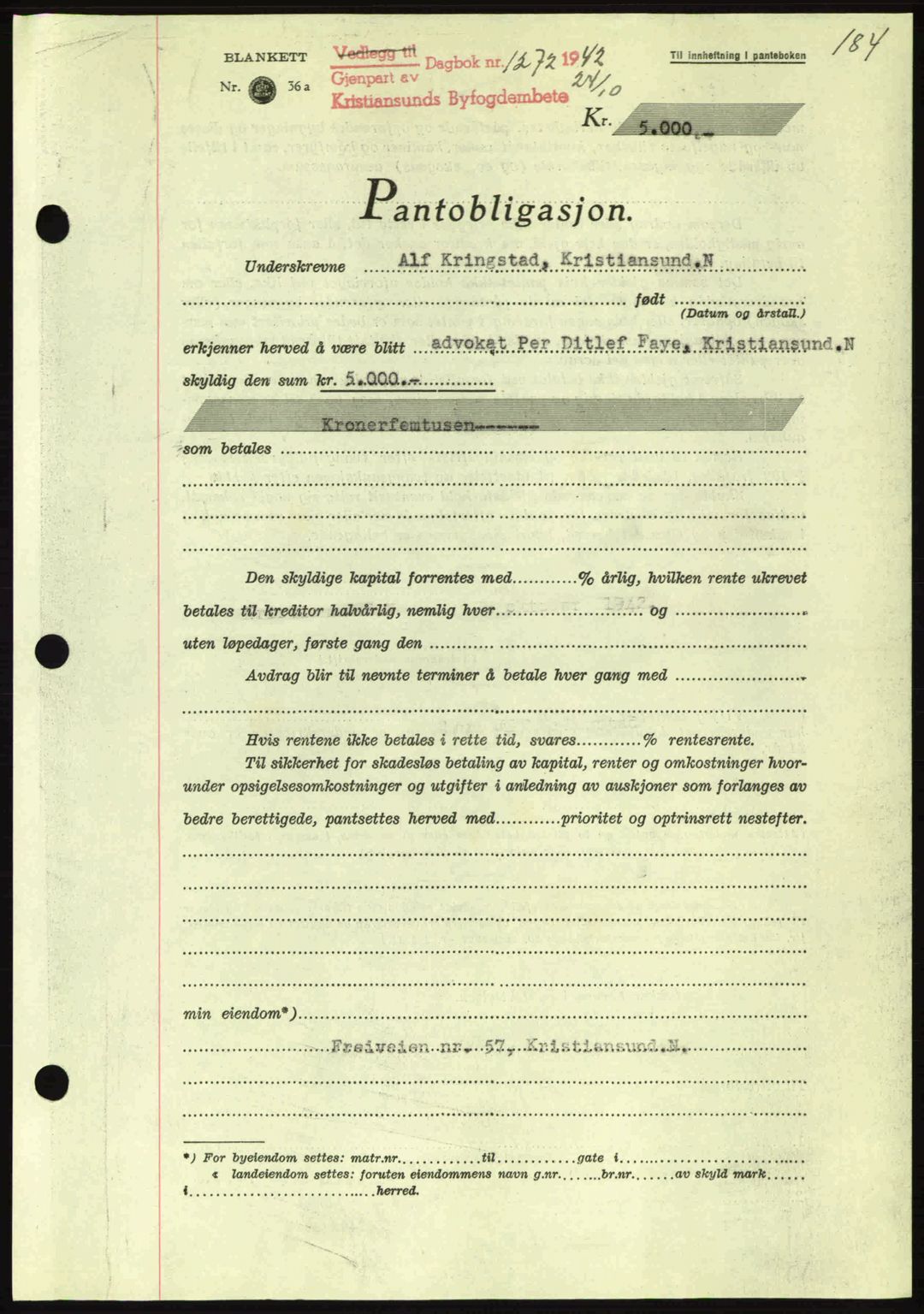 Kristiansund byfogd, AV/SAT-A-4587/A/27: Mortgage book no. 36, 1942-1943, Diary no: : 1272/1942