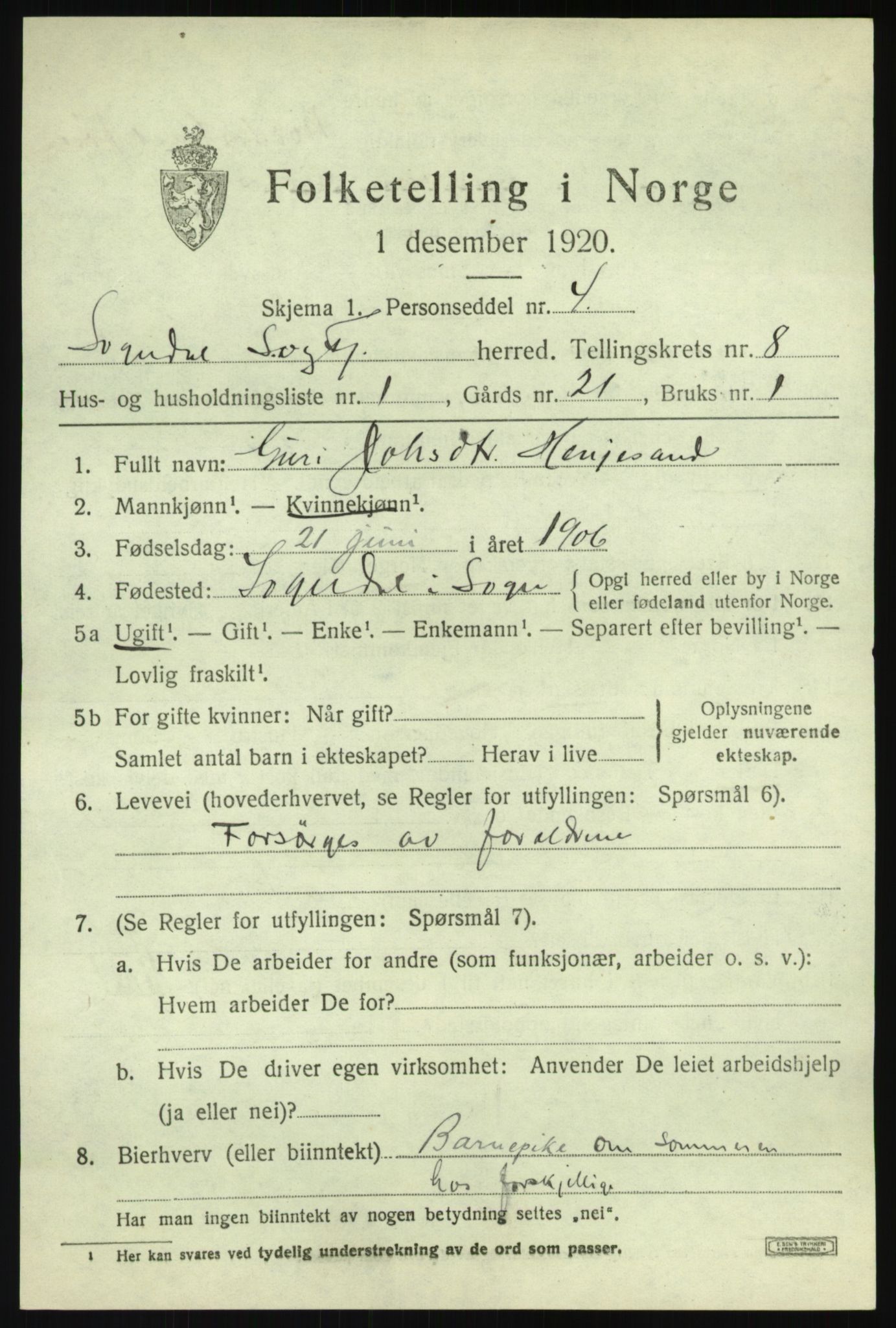 SAB, 1920 census for Sogndal, 1920, p. 3719