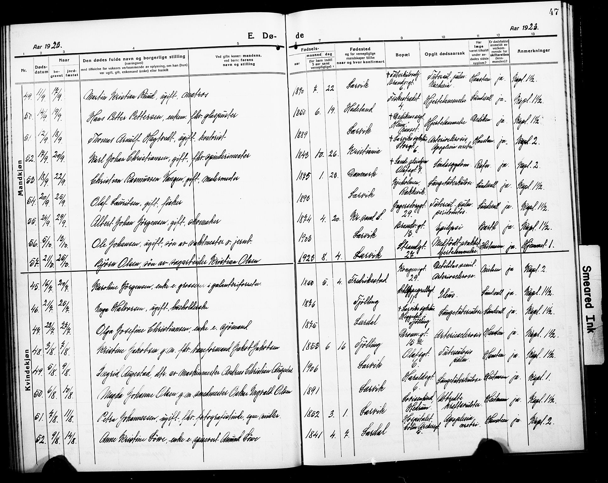 Larvik kirkebøker, SAKO/A-352/G/Ga/L0010: Parish register (copy) no. I 10, 1919-1926, p. 47