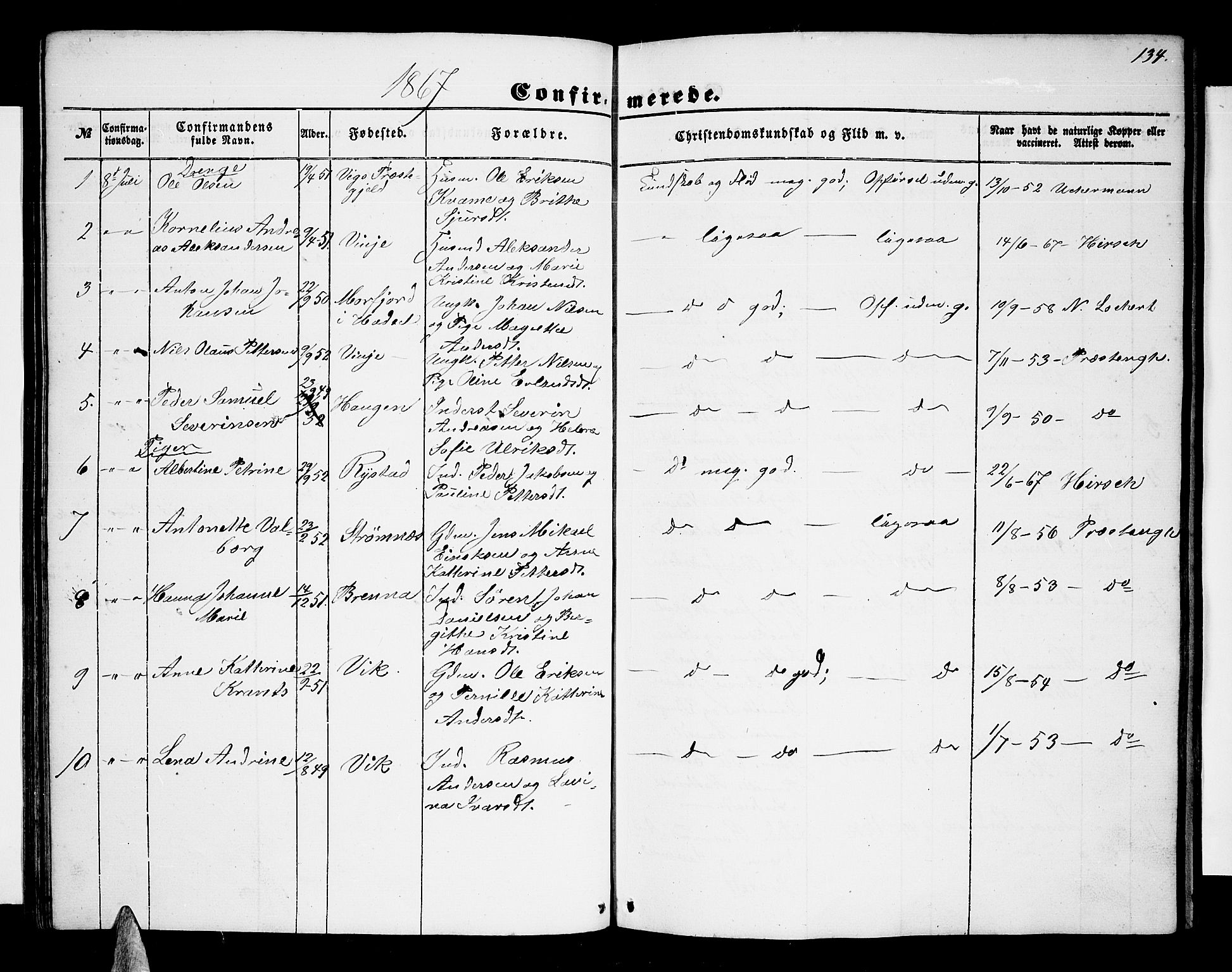 Ministerialprotokoller, klokkerbøker og fødselsregistre - Nordland, AV/SAT-A-1459/876/L1102: Parish register (copy) no. 876C01, 1852-1886, p. 134