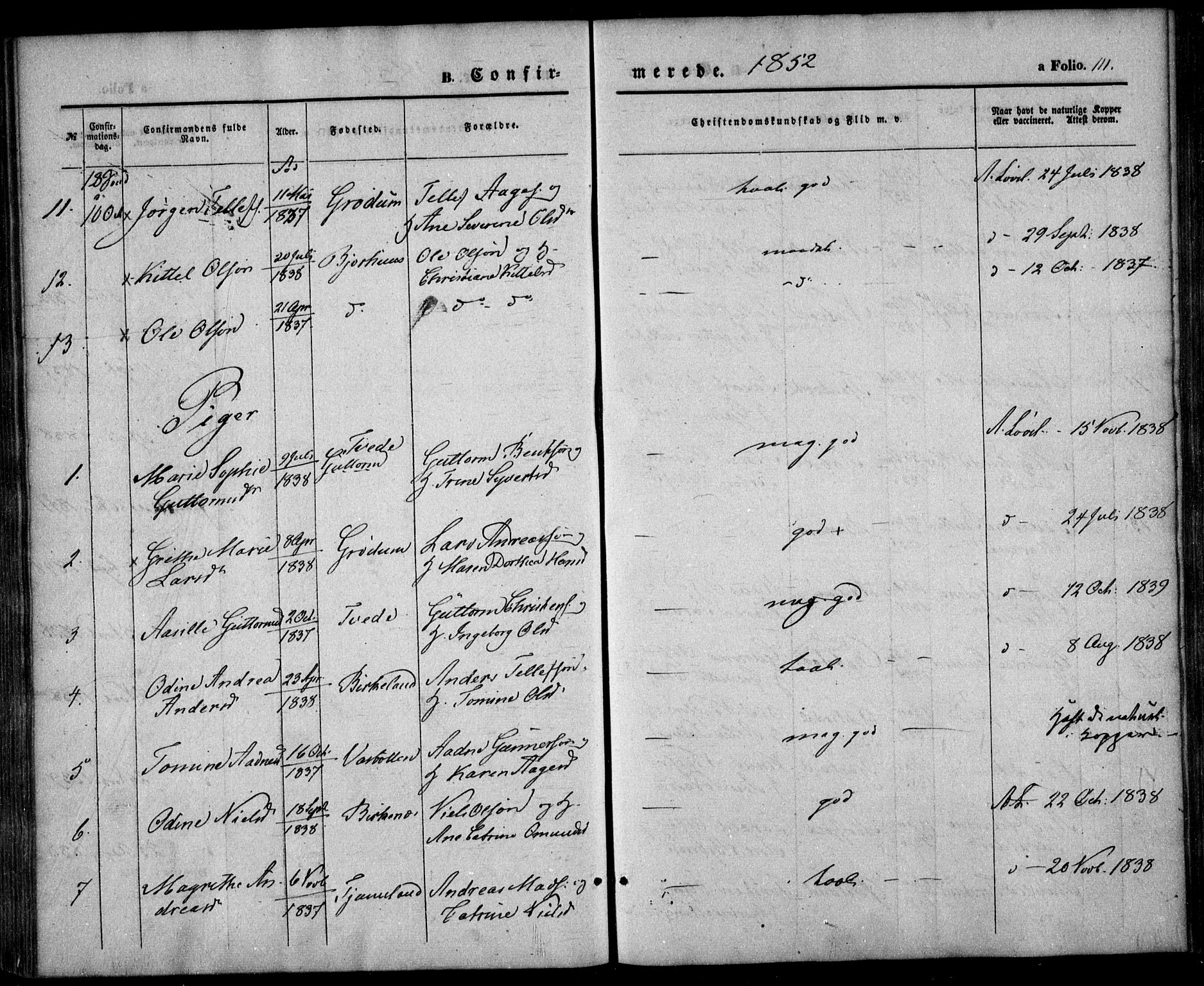 Birkenes sokneprestkontor, AV/SAK-1111-0004/F/Fa/L0003: Parish register (official) no. A 3, 1850-1866, p. 111