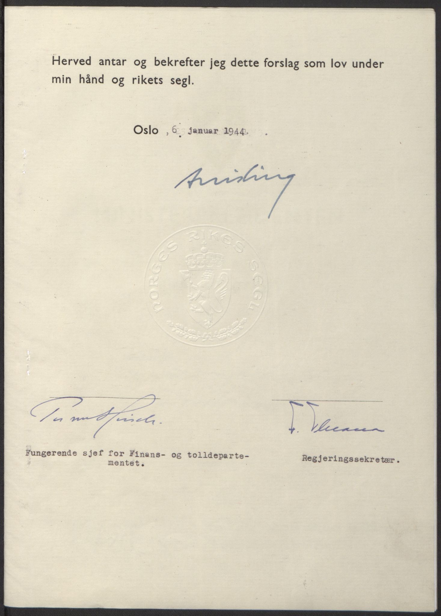 NS-administrasjonen 1940-1945 (Statsrådsekretariatet, de kommisariske statsråder mm), AV/RA-S-4279/D/Db/L0100: Lover, 1944, p. 16