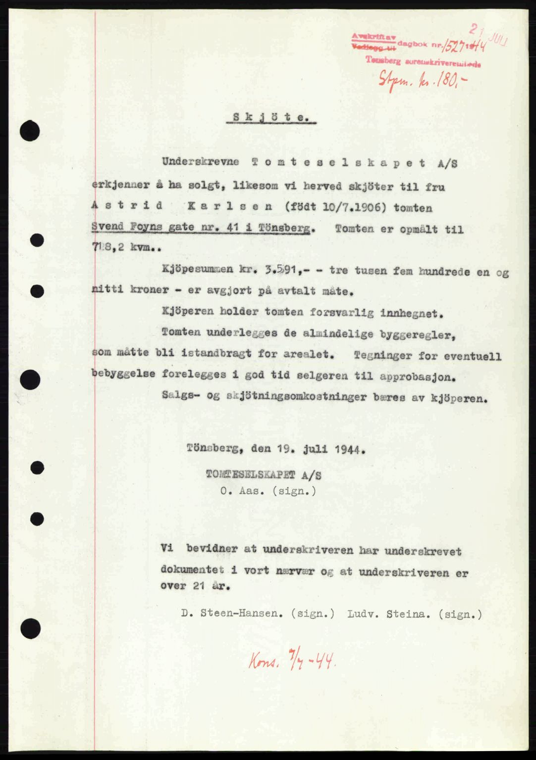 Tønsberg sorenskriveri, AV/SAKO-A-130/G/Ga/Gaa/L0015: Mortgage book no. A15, 1944-1944, Diary no: : 1527/1944