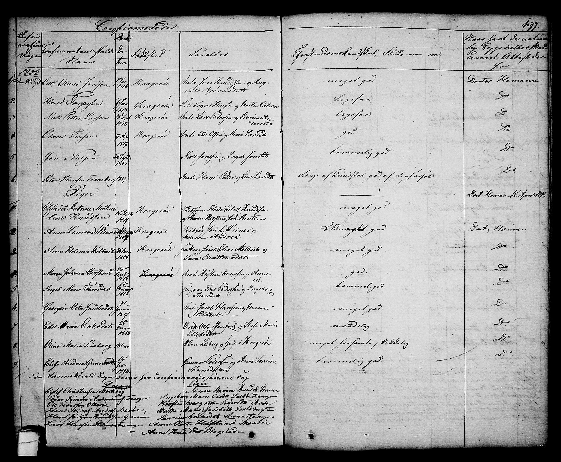 Kragerø kirkebøker, SAKO/A-278/G/Ga/L0003: Parish register (copy) no. 3, 1832-1852, p. 197